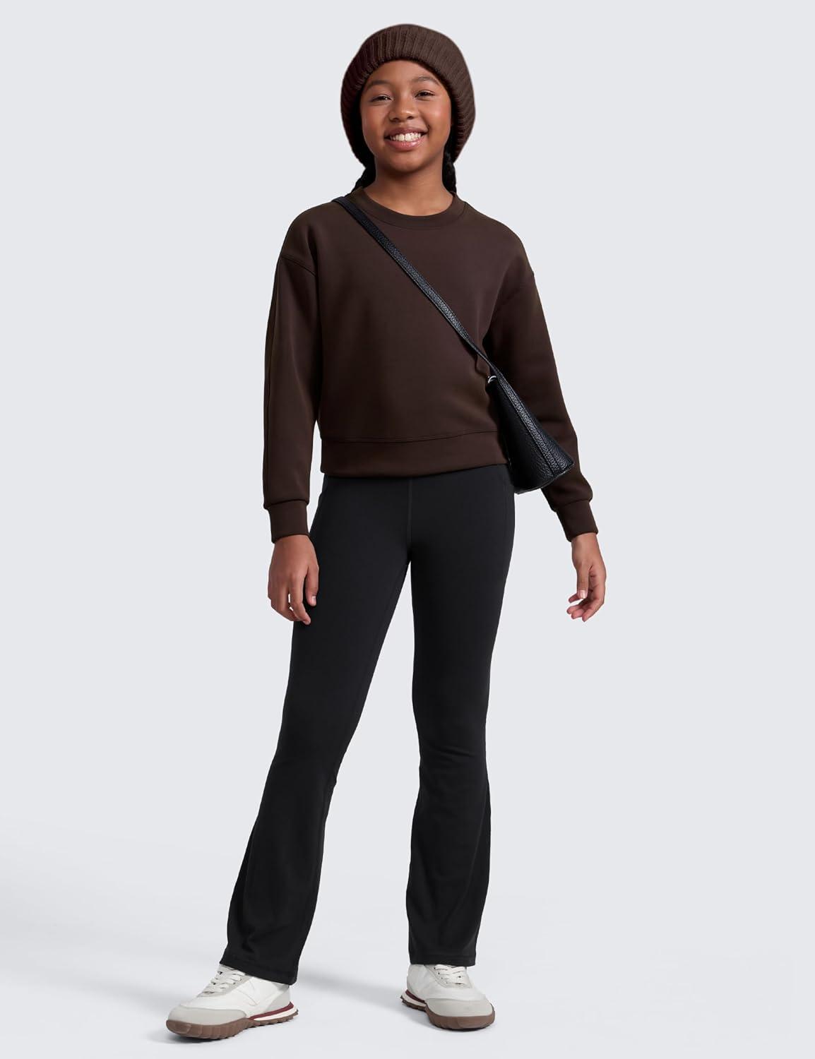 imageCRZ YOGA Girls SoftAura Long Sleeve Crew Neck Casual Hoodie Lounge Pullover Sweatshirts Relaxed Waist Length Kids TeenHot Fudge Brown