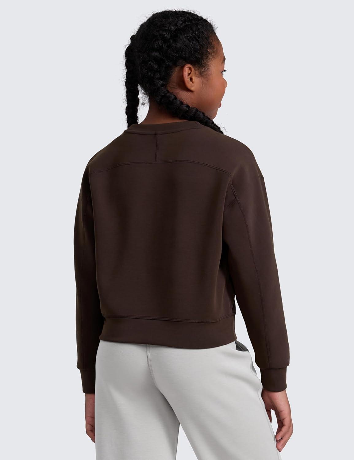 imageCRZ YOGA Girls SoftAura Long Sleeve Crew Neck Casual Hoodie Lounge Pullover Sweatshirts Relaxed Waist Length Kids TeenHot Fudge Brown