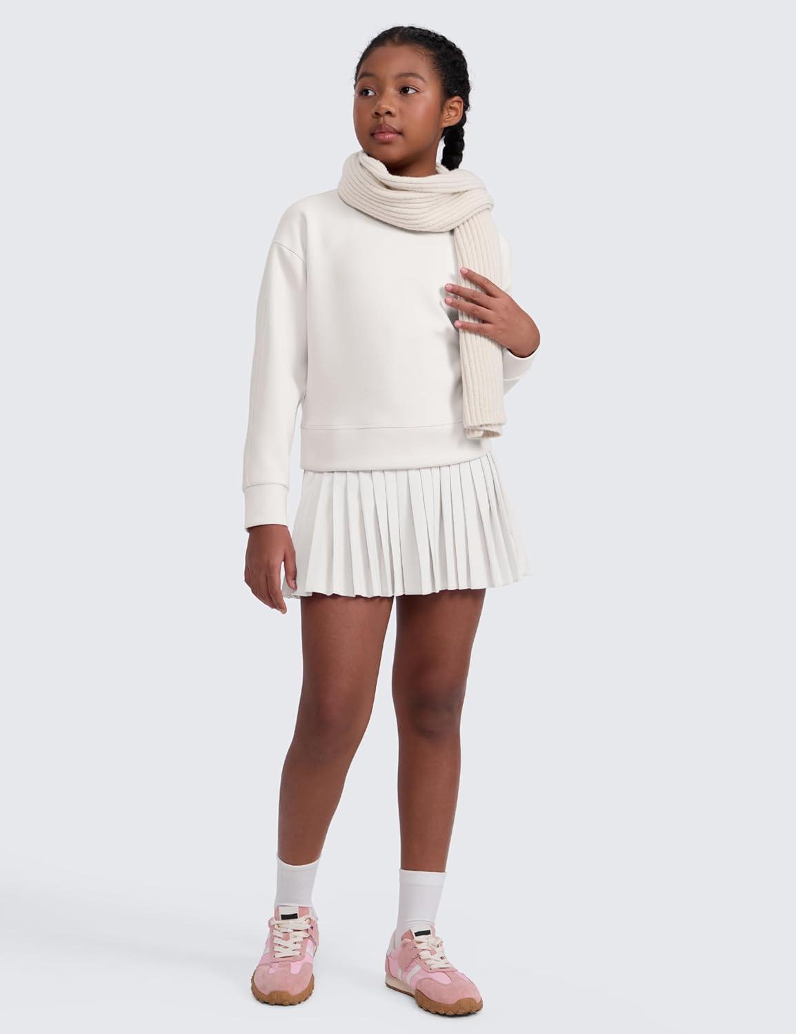 imageCRZ YOGA Girls SoftAura Long Sleeve Crew Neck Casual Hoodie Lounge Pullover Sweatshirts Relaxed Waist Length Kids TeenMilky White