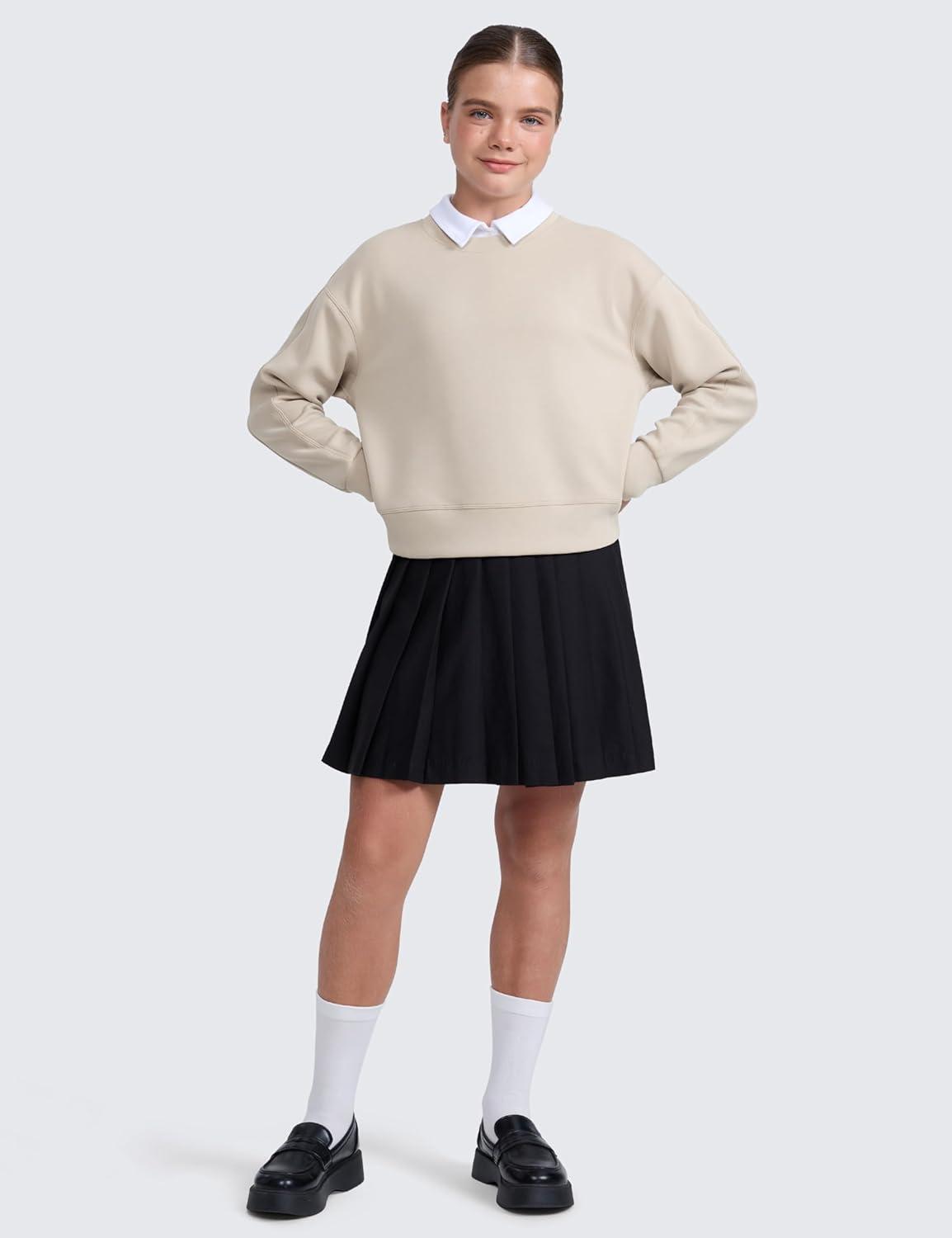 imageCRZ YOGA Girls SoftAura Long Sleeve Crew Neck Casual Hoodie Lounge Pullover Sweatshirts Relaxed Waist Length Kids TeenMojave Tan