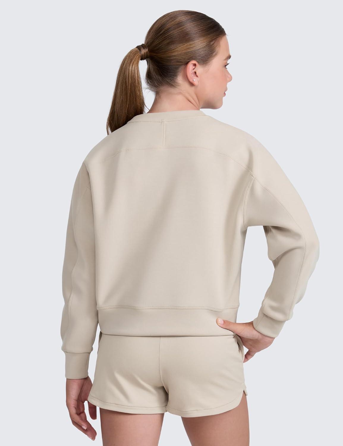 imageCRZ YOGA Girls SoftAura Long Sleeve Crew Neck Casual Hoodie Lounge Pullover Sweatshirts Relaxed Waist Length Kids TeenMojave Tan