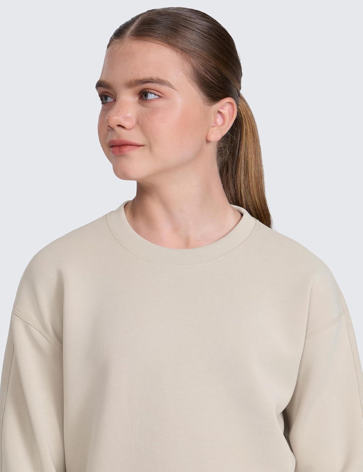 imageCRZ YOGA Girls SoftAura Long Sleeve Crew Neck Casual Hoodie Lounge Pullover Sweatshirts Relaxed Waist Length Kids TeenMojave Tan
