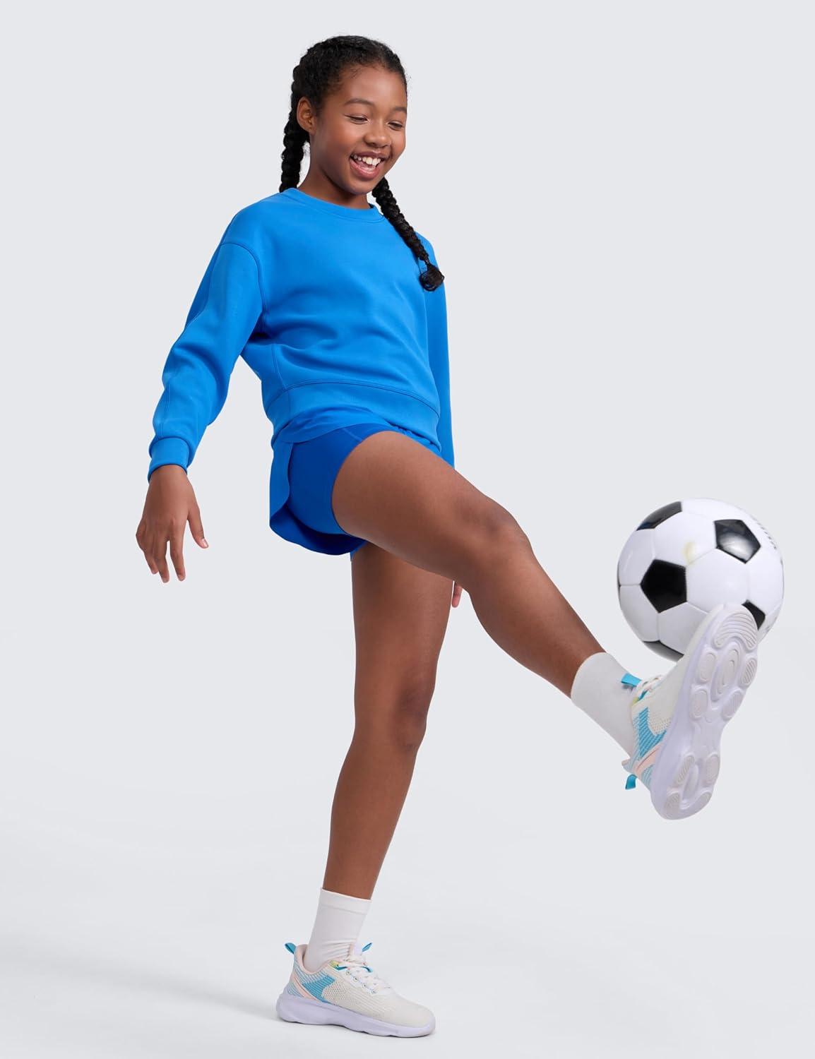 imageCRZ YOGA Girls SoftAura Long Sleeve Crew Neck Casual Hoodie Lounge Pullover Sweatshirts Relaxed Waist Length Kids TeenSparkle Blue