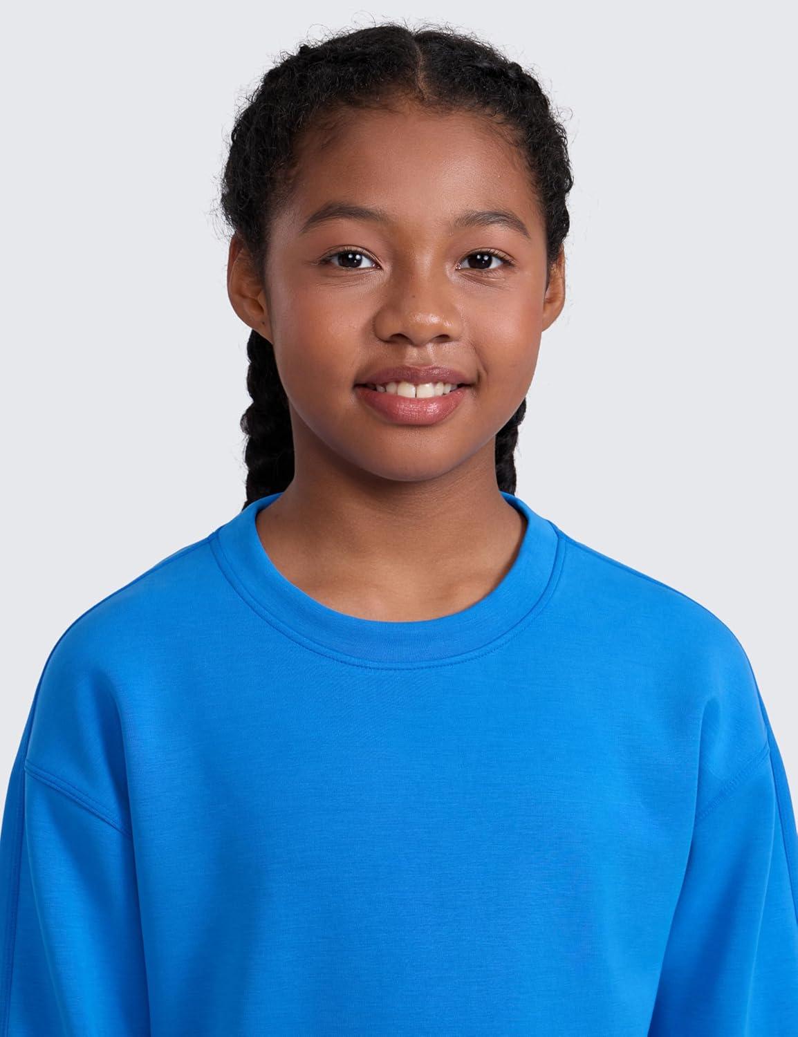 imageCRZ YOGA Girls SoftAura Long Sleeve Crew Neck Casual Hoodie Lounge Pullover Sweatshirts Relaxed Waist Length Kids TeenSparkle Blue