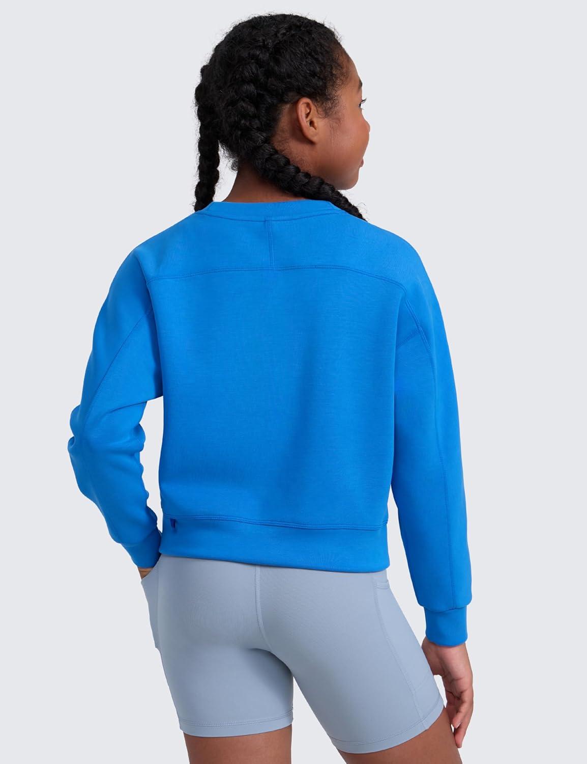 imageCRZ YOGA Girls SoftAura Long Sleeve Crew Neck Casual Hoodie Lounge Pullover Sweatshirts Relaxed Waist Length Kids TeenSparkle Blue