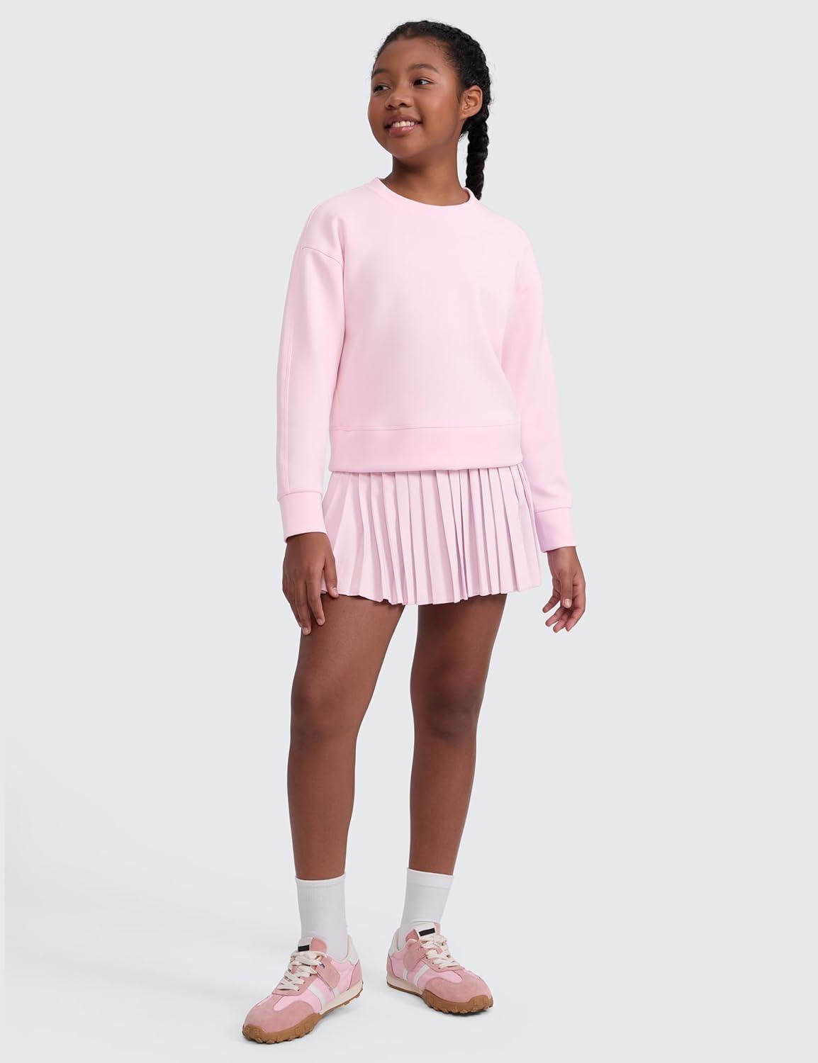 imageCRZ YOGA Girls SoftAura Long Sleeve Crew Neck Casual Hoodie Lounge Pullover Sweatshirts Relaxed Waist Length Kids TeenStrawberry Pink