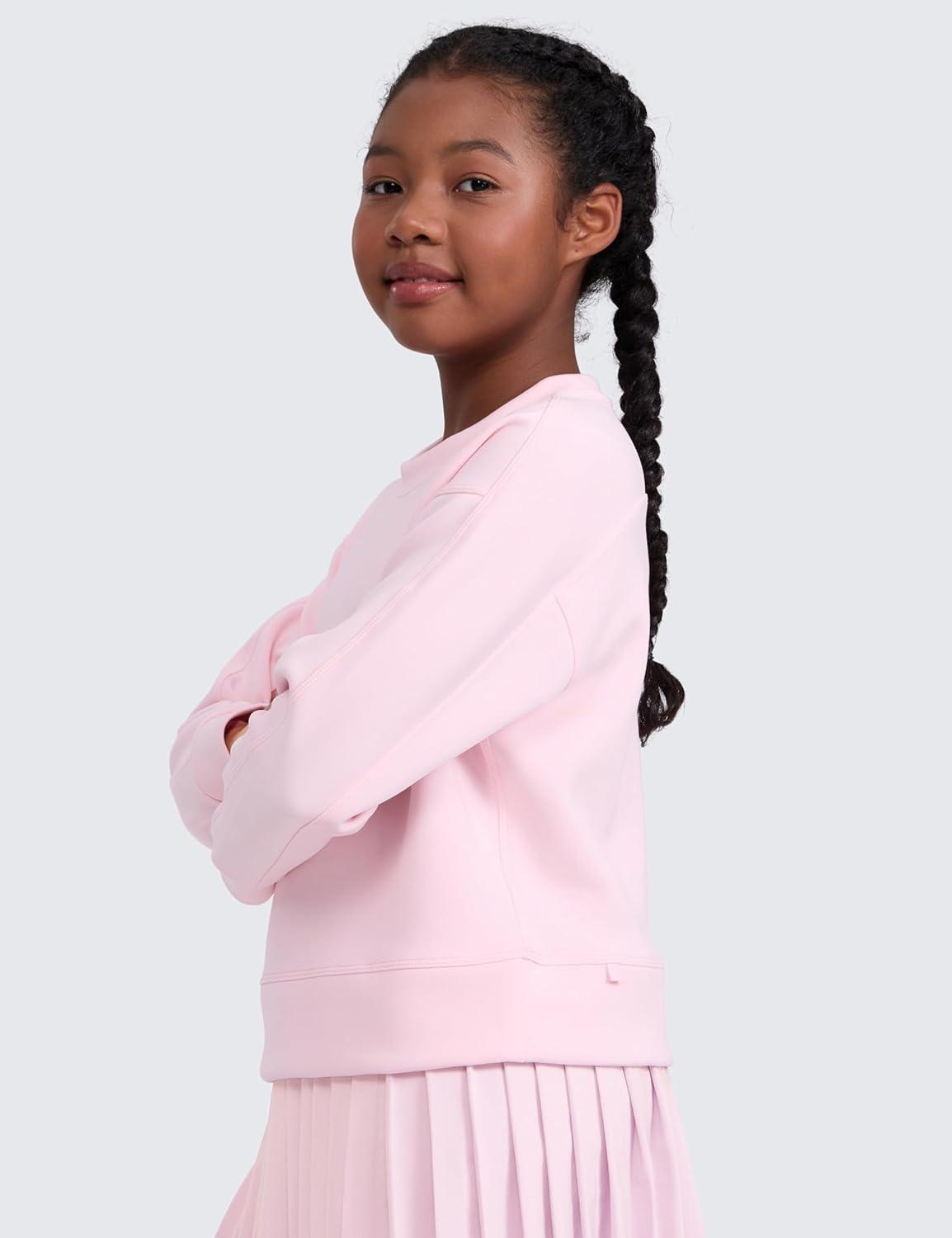 imageCRZ YOGA Girls SoftAura Long Sleeve Crew Neck Casual Hoodie Lounge Pullover Sweatshirts Relaxed Waist Length Kids TeenStrawberry Pink