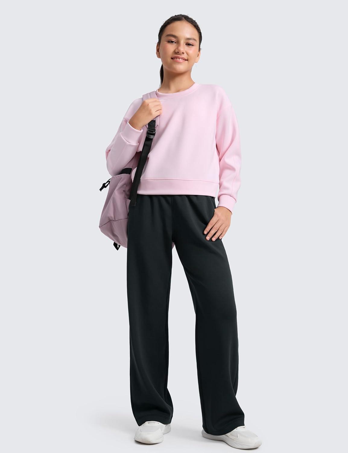 imageCRZ YOGA Girls SoftAura Wide Leg Casual Sweatpants with Pockets Lounge High Waist Pants Drawstring Kids TeenBlack