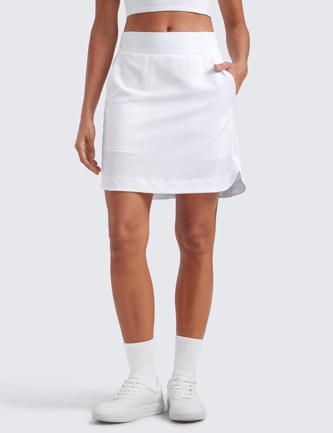 imageCRZ YOGA Golf Skirts for Women 18 High Waisted A Line Athletic Casual Tennis Skort with Shorts PocketsWhite