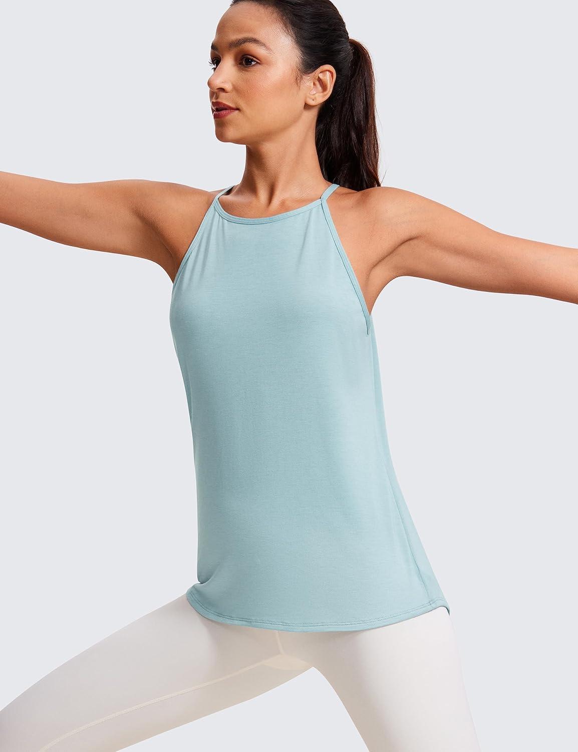 imageCRZ YOGA Halter High Neck Workout Tops for Women Flowy Cami Sleeveless Tank Athletic Yoga ShirtsPure Blue