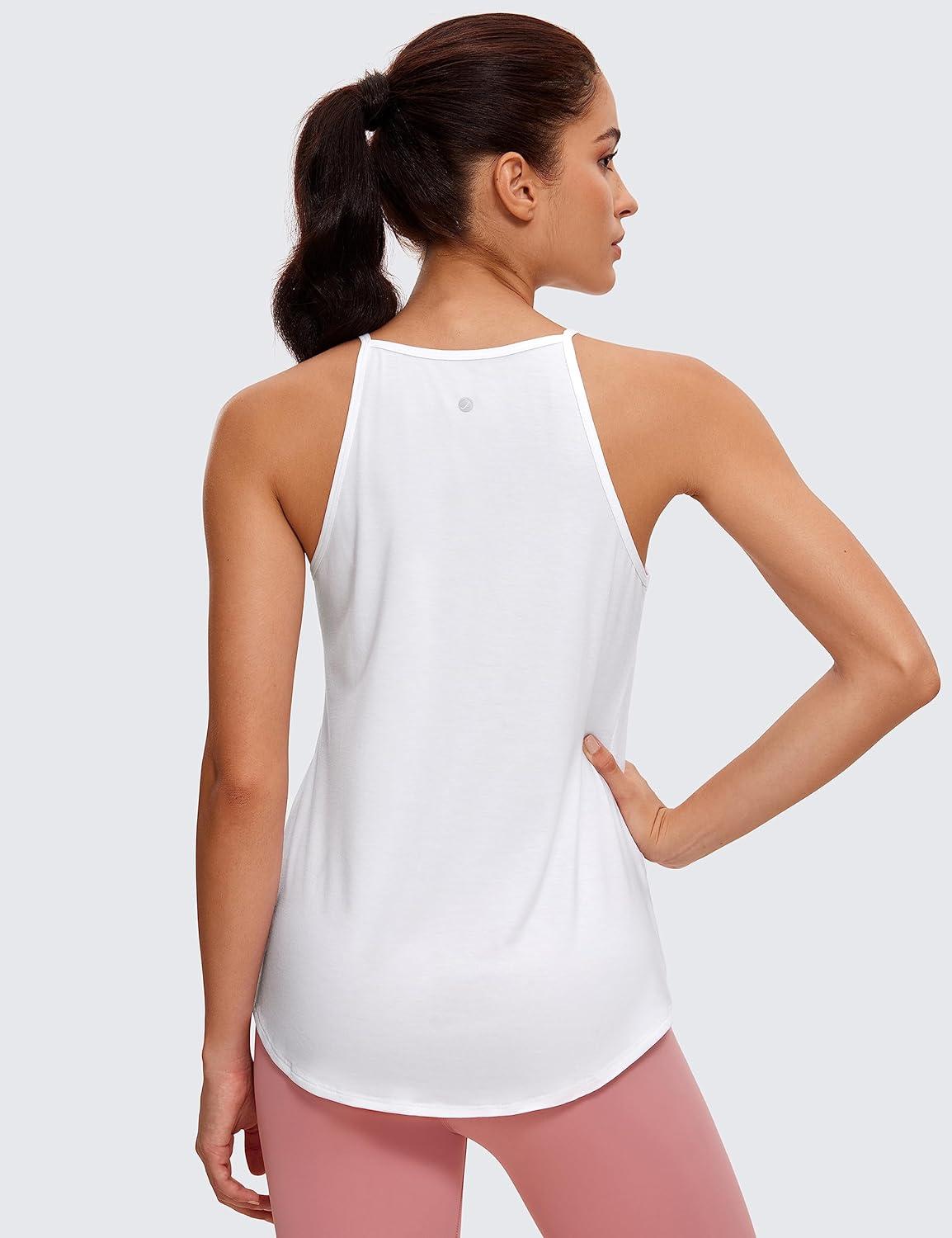 imageCRZ YOGA Halter High Neck Workout Tops for Women Flowy Cami Sleeveless Tank Athletic Yoga ShirtsWhite