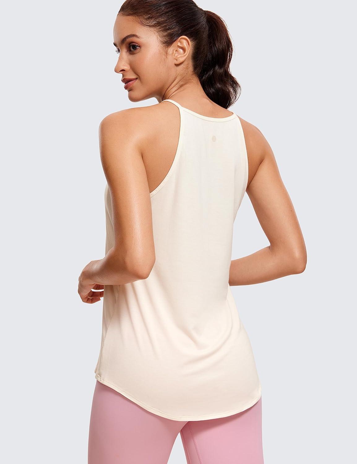 imageCRZ YOGA Halter High Neck Workout Tops for Women Flowy Cami Sleeveless Tank Athletic Yoga ShirtsWhite Apricot