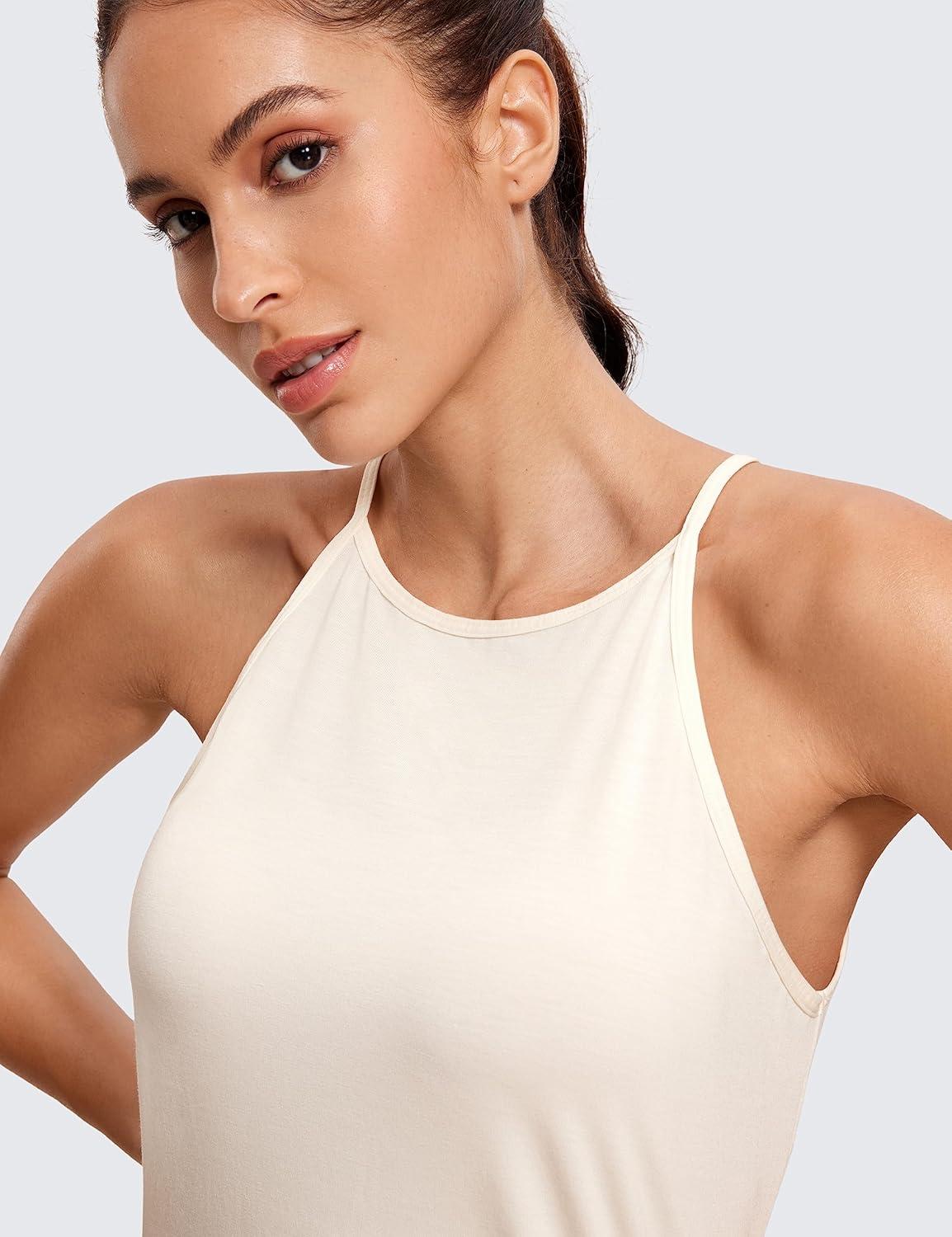 imageCRZ YOGA Halter High Neck Workout Tops for Women Flowy Cami Sleeveless Tank Athletic Yoga ShirtsWhite Apricot