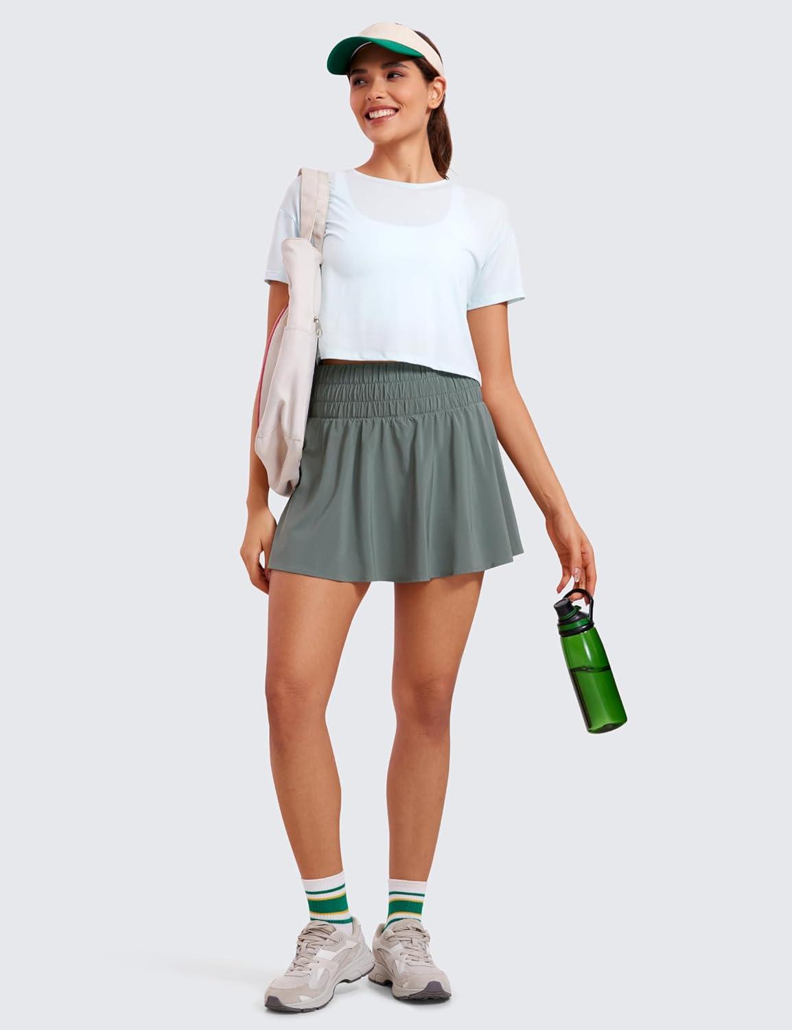 imageCRZ YOGA High ShirredWaisted Tennis Skirts for Women Mini Lined Golf Casual Athletic Flowy Skorts with PocketsGrey Sage