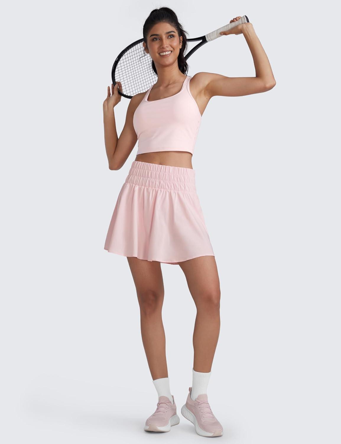 imageCRZ YOGA High ShirredWaisted Tennis Skirts for Women Mini Lined Golf Casual Athletic Flowy Skorts with PocketsStrawberry Pink