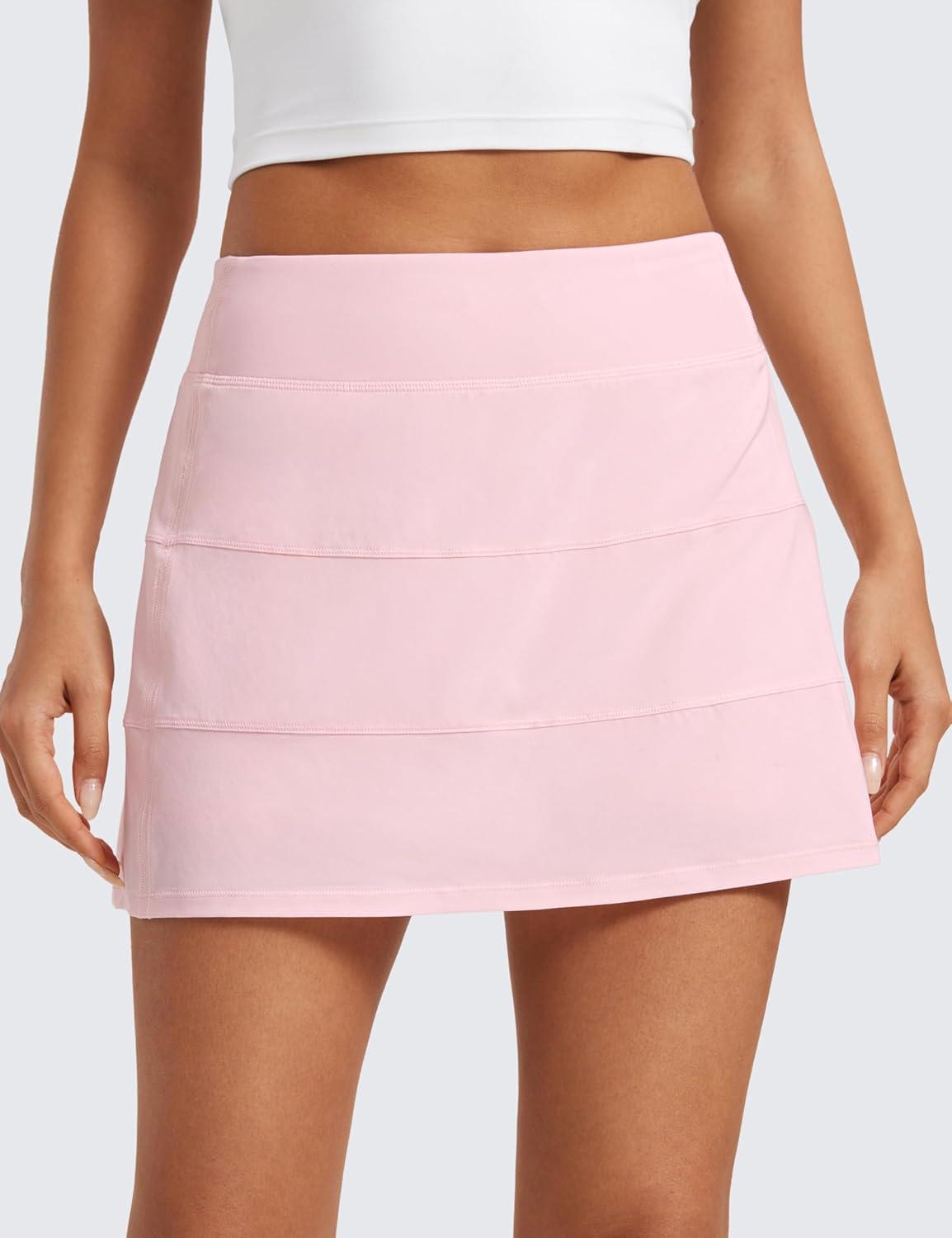 imageCRZ YOGA High Waisted A line Golf Skirts for Women Mini Lined Tennis Casual Work Skorts with 3 PocketsStrawberry Pink