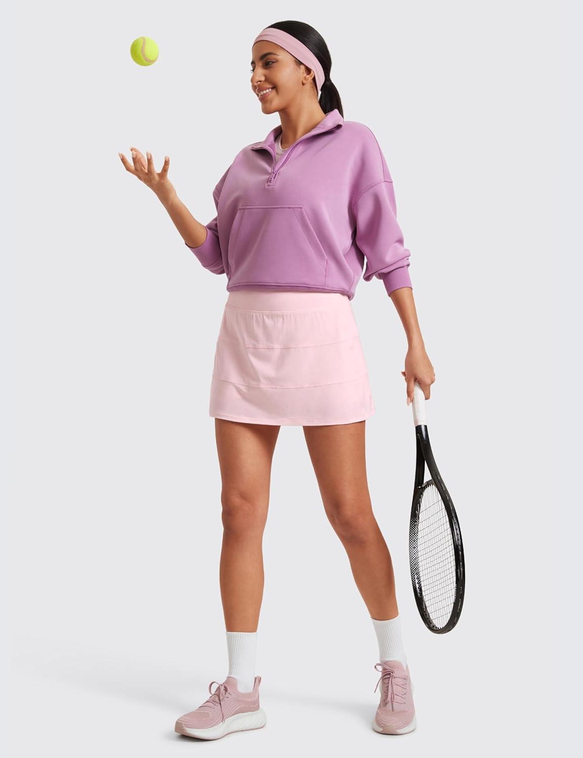 imageCRZ YOGA High Waisted A line Golf Skirts for Women Mini Lined Tennis Casual Work Skorts with 3 PocketsStrawberry Pink