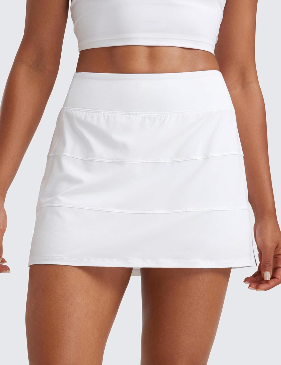 imageCRZ YOGA High Waisted A line Golf Skirts for Women Mini Lined Tennis Casual Work Skorts with 3 PocketsWhite