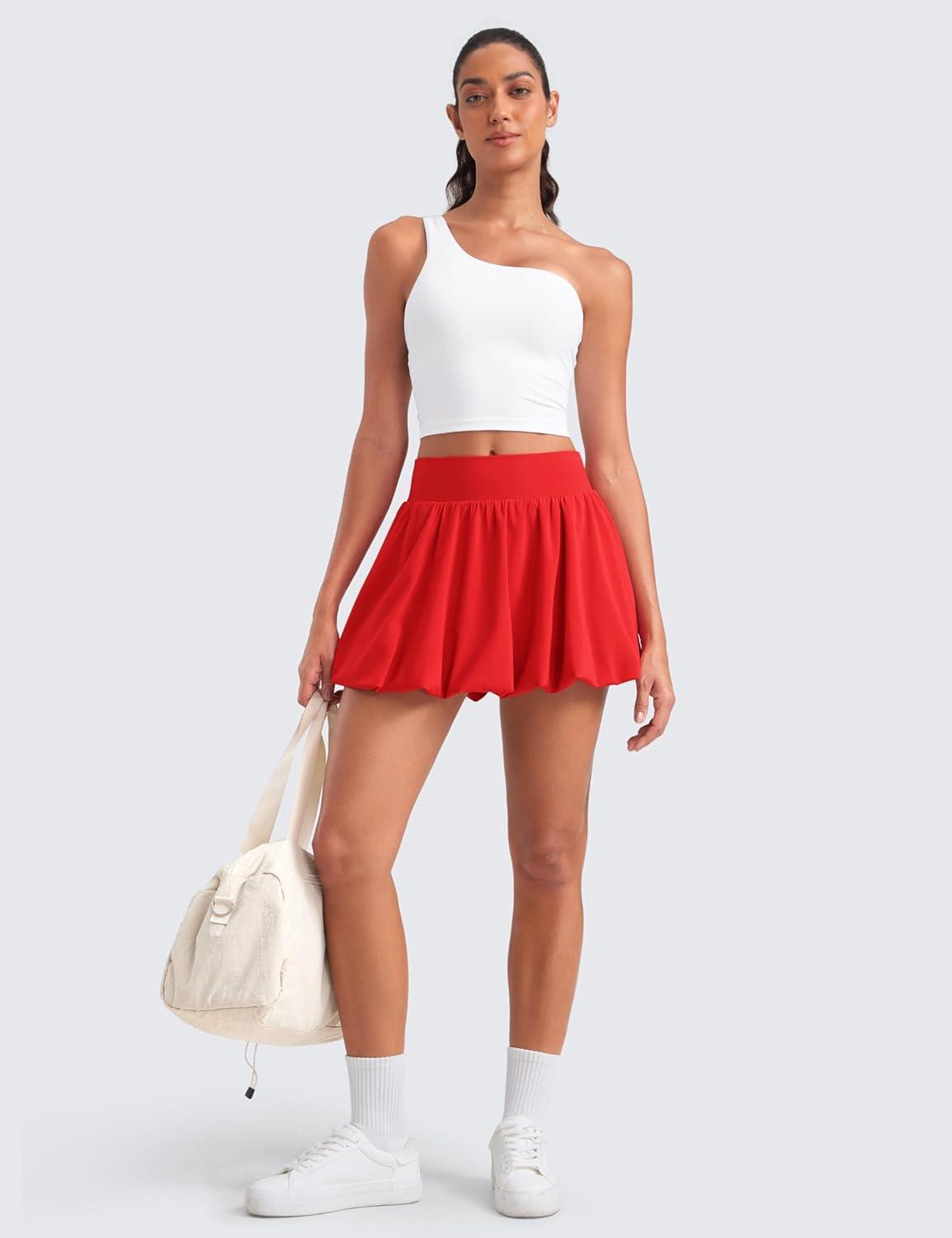 imageCRZ YOGA High Waisted Bubble Tennis Skirts for Women Mini Casual Ruffled Hem Lined Balloon Skort with PocketsDeep Red