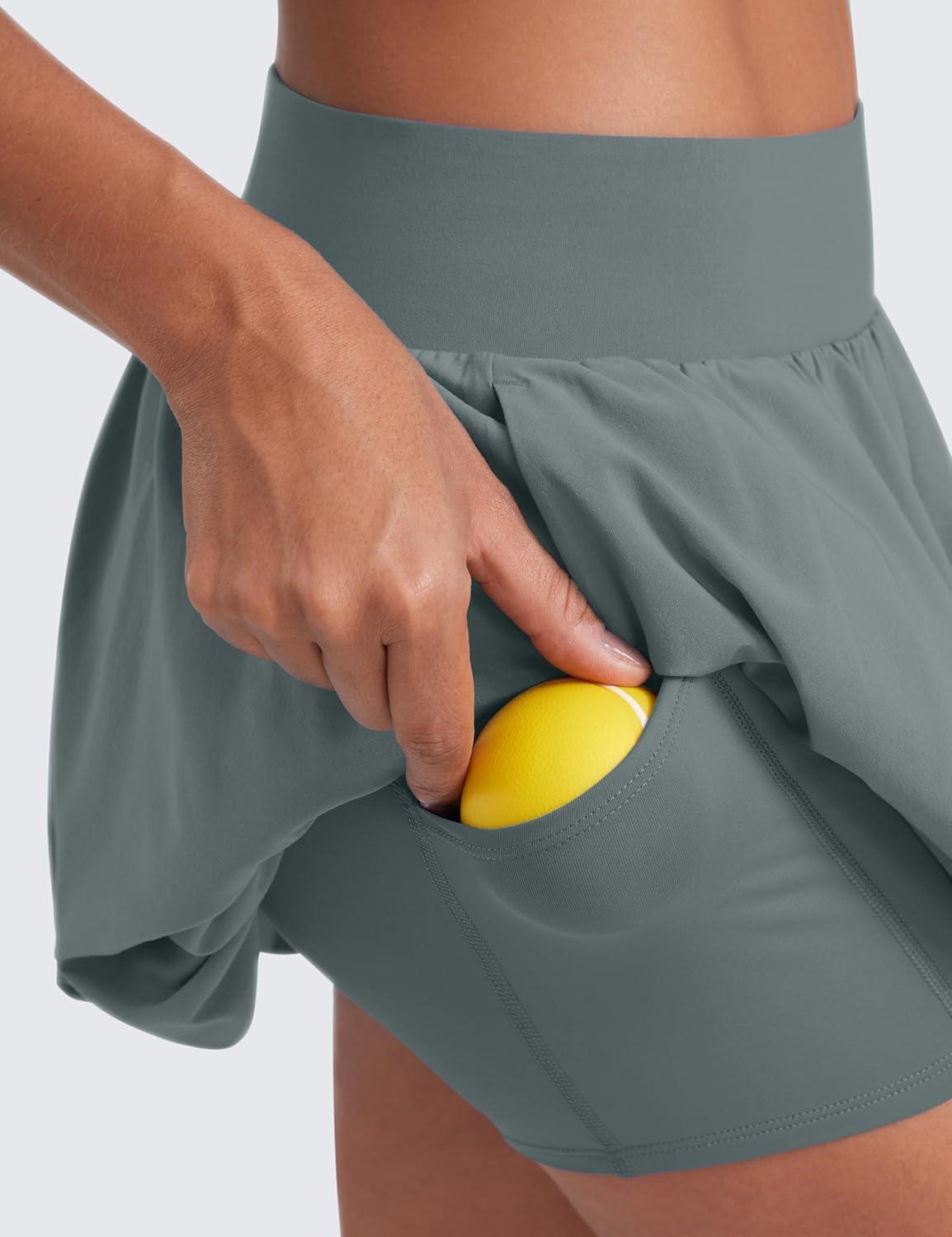 imageCRZ YOGA High Waisted Bubble Tennis Skirts for Women Mini Casual Ruffled Hem Lined Balloon Skort with PocketsGrey Sage