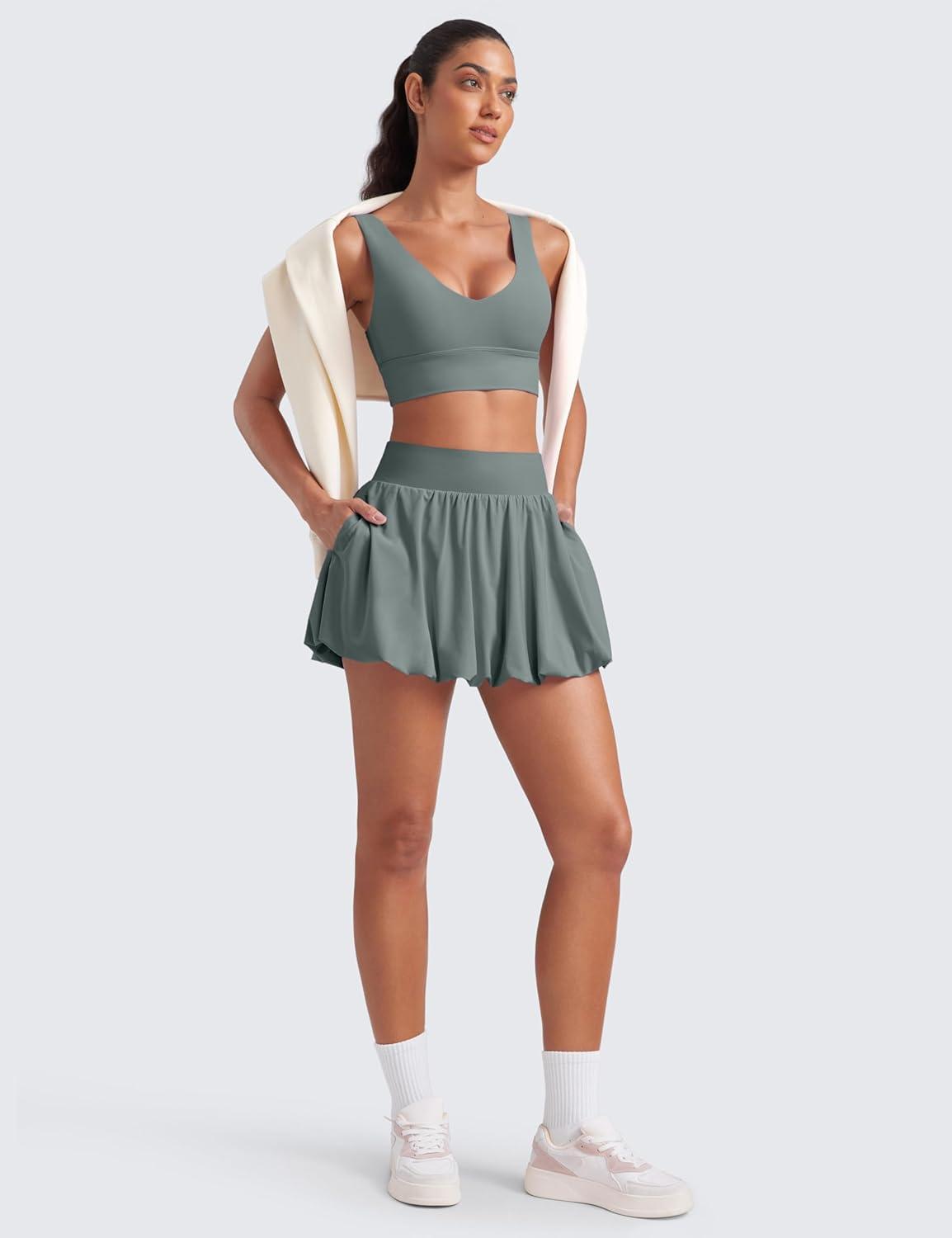 imageCRZ YOGA High Waisted Bubble Tennis Skirts for Women Mini Casual Ruffled Hem Lined Balloon Skort with PocketsGrey Sage