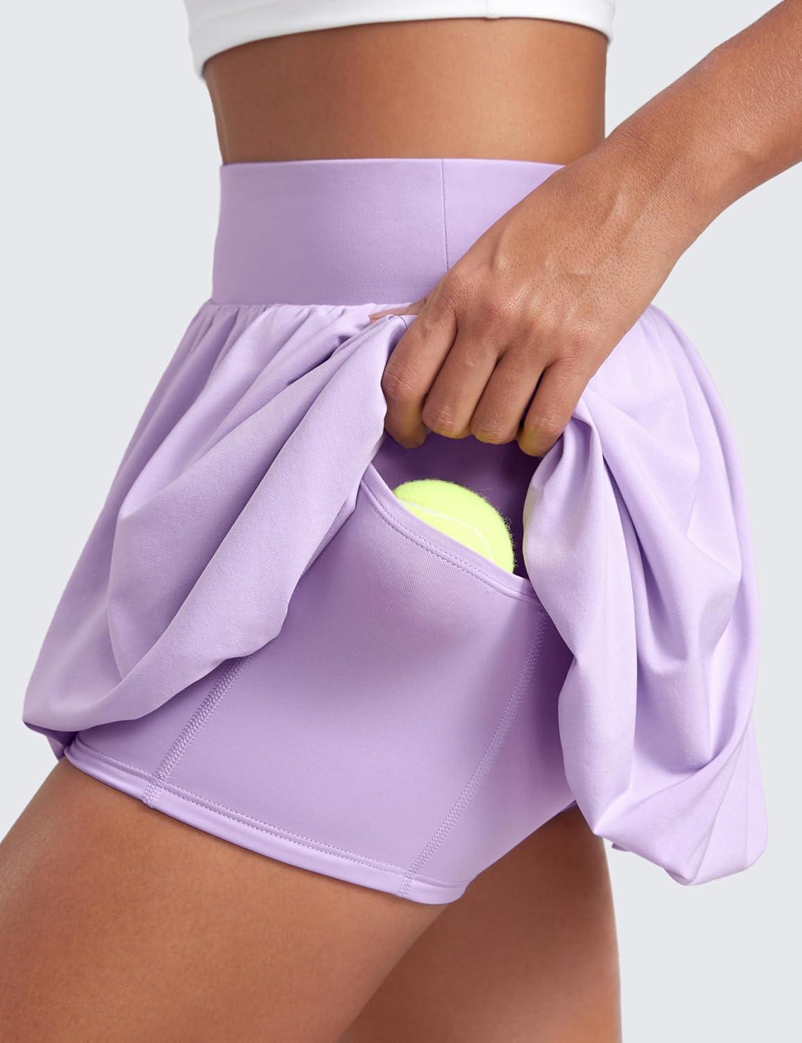 imageCRZ YOGA High Waisted Bubble Tennis Skirts for Women Mini Casual Ruffled Hem Lined Balloon Skort with PocketsLilac