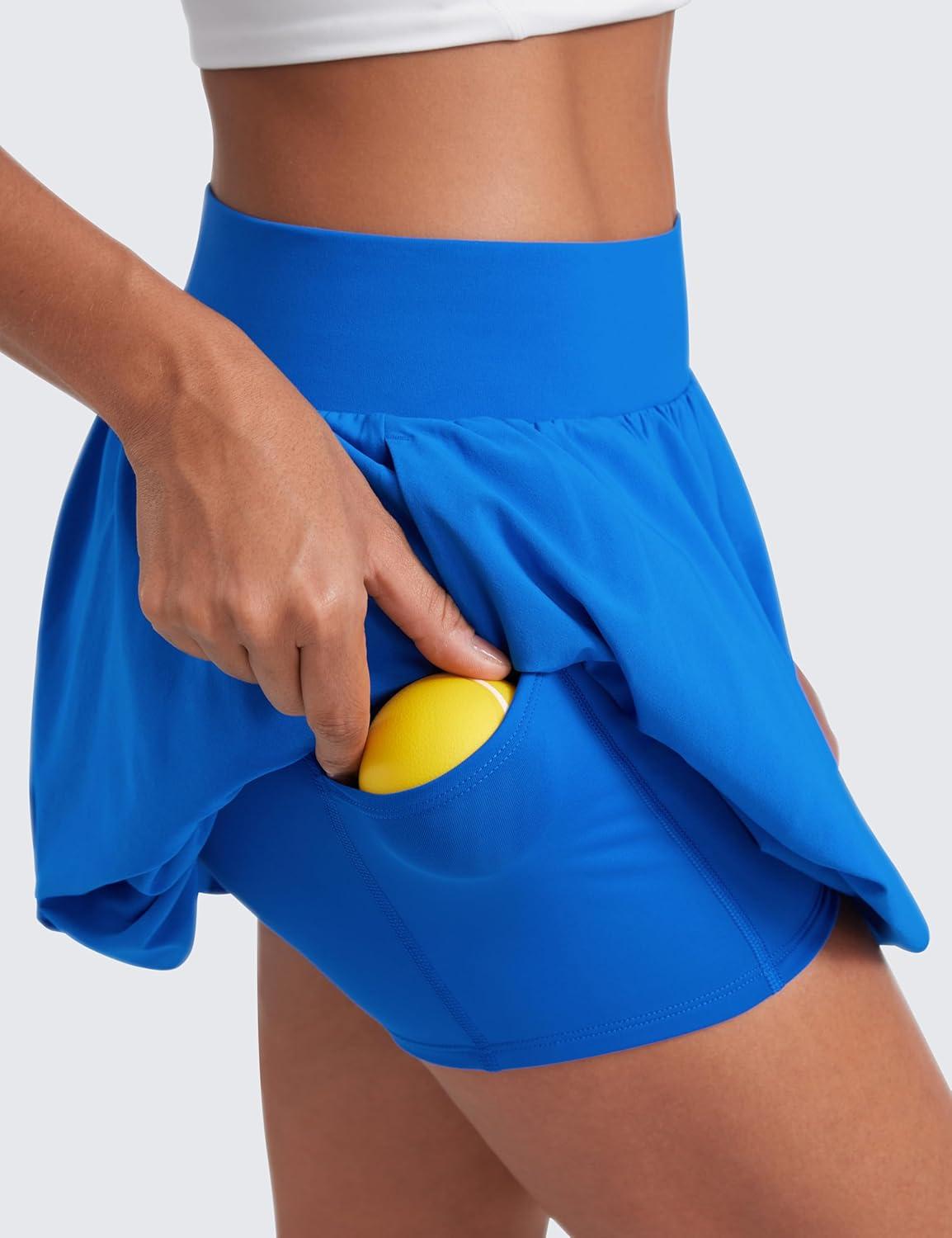 imageCRZ YOGA High Waisted Bubble Tennis Skirts for Women Mini Casual Ruffled Hem Lined Balloon Skort with PocketsSparkle Blue