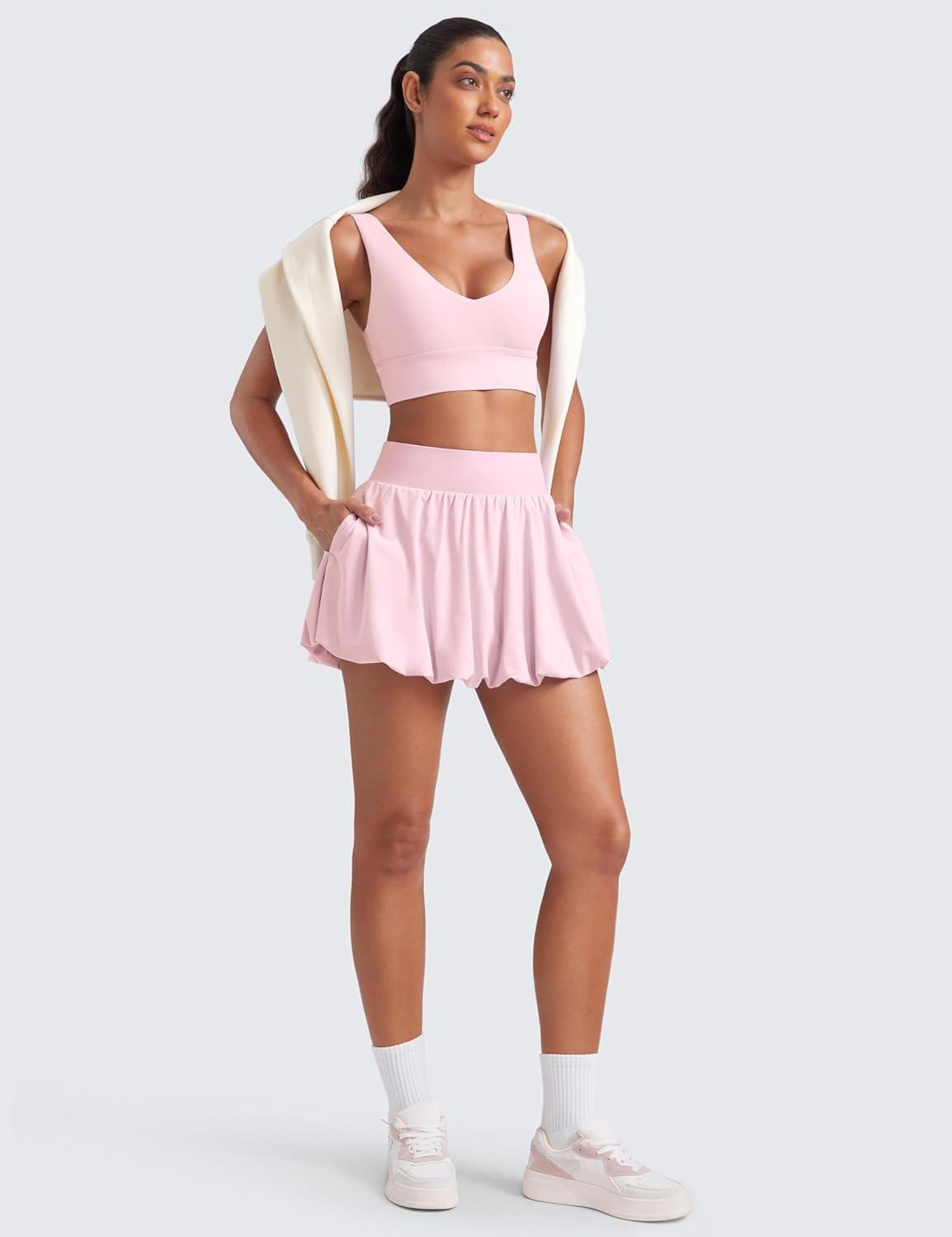 imageCRZ YOGA High Waisted Bubble Tennis Skirts for Women Mini Casual Ruffled Hem Lined Balloon Skort with PocketsStrawberry Pink