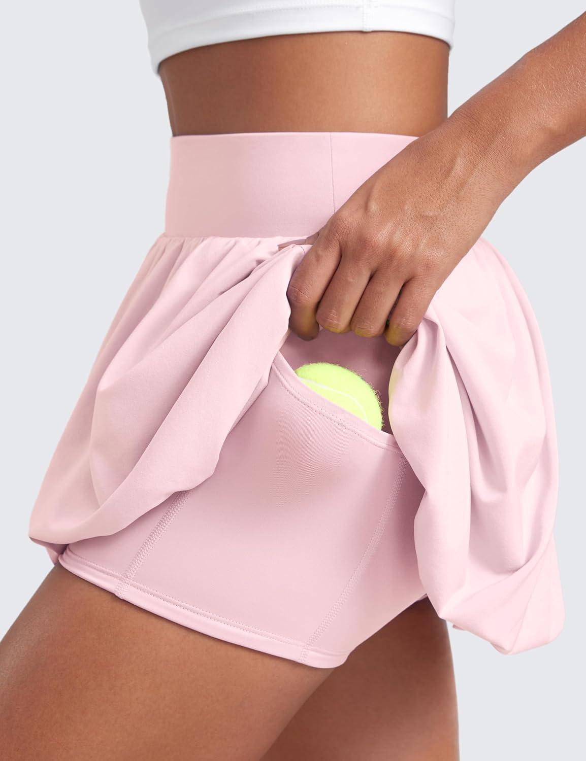 imageCRZ YOGA High Waisted Bubble Tennis Skirts for Women Mini Casual Ruffled Hem Lined Balloon Skort with PocketsStrawberry Pink