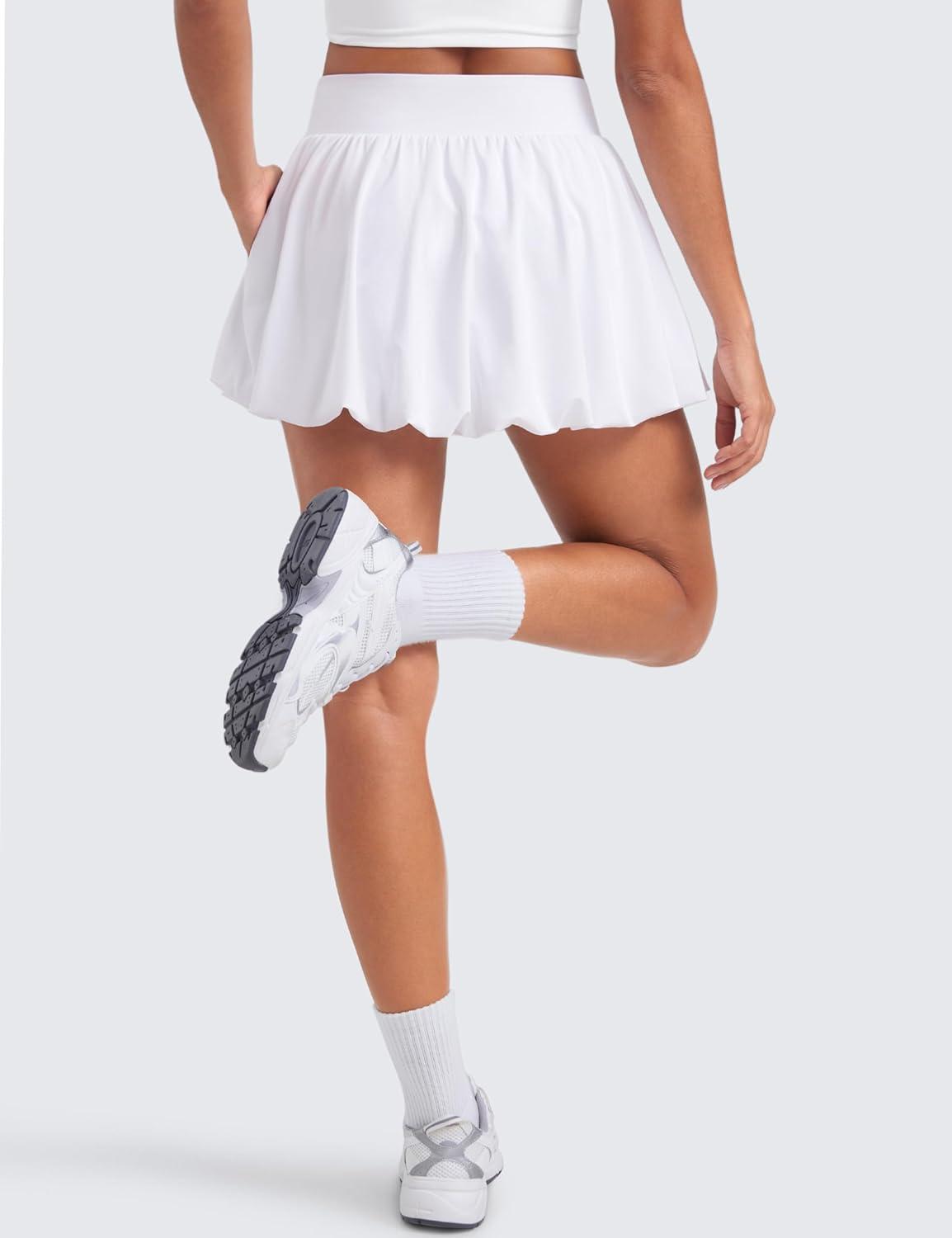 imageCRZ YOGA High Waisted Bubble Tennis Skirts for Women Mini Casual Ruffled Hem Lined Balloon Skort with PocketsWhite
