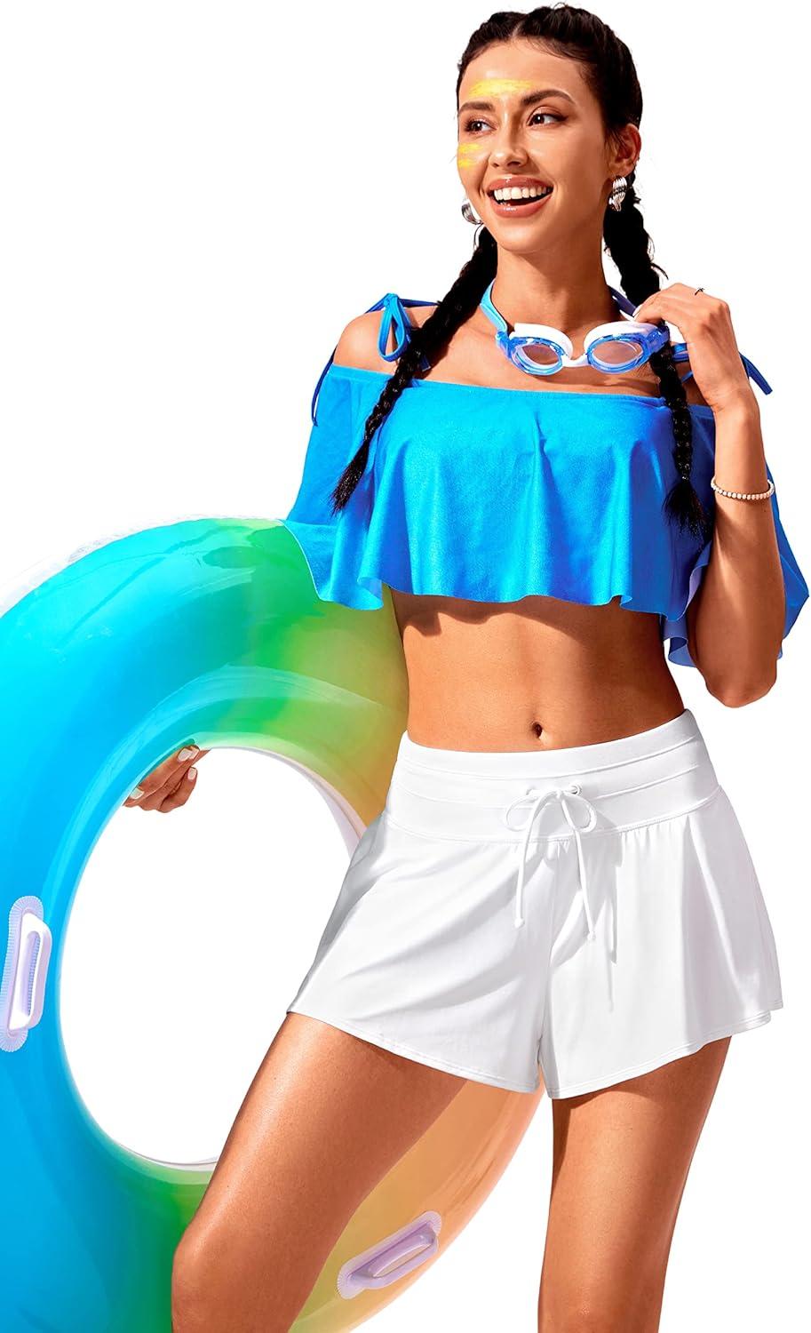 imageCRZ YOGA High Waisted Flowy Board Shorts for Womens Swim Beach Skirt Skorts Bathing Swimsuit Bottoms with LinerWhite