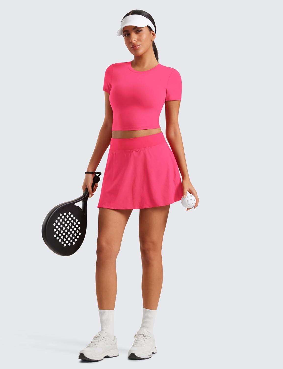 imageCRZ YOGA High Waisted Flowy Tennis Skirts for Women Mini Lined Pickleball Casual A Line Skorts with PocketsLip Gloss Pink