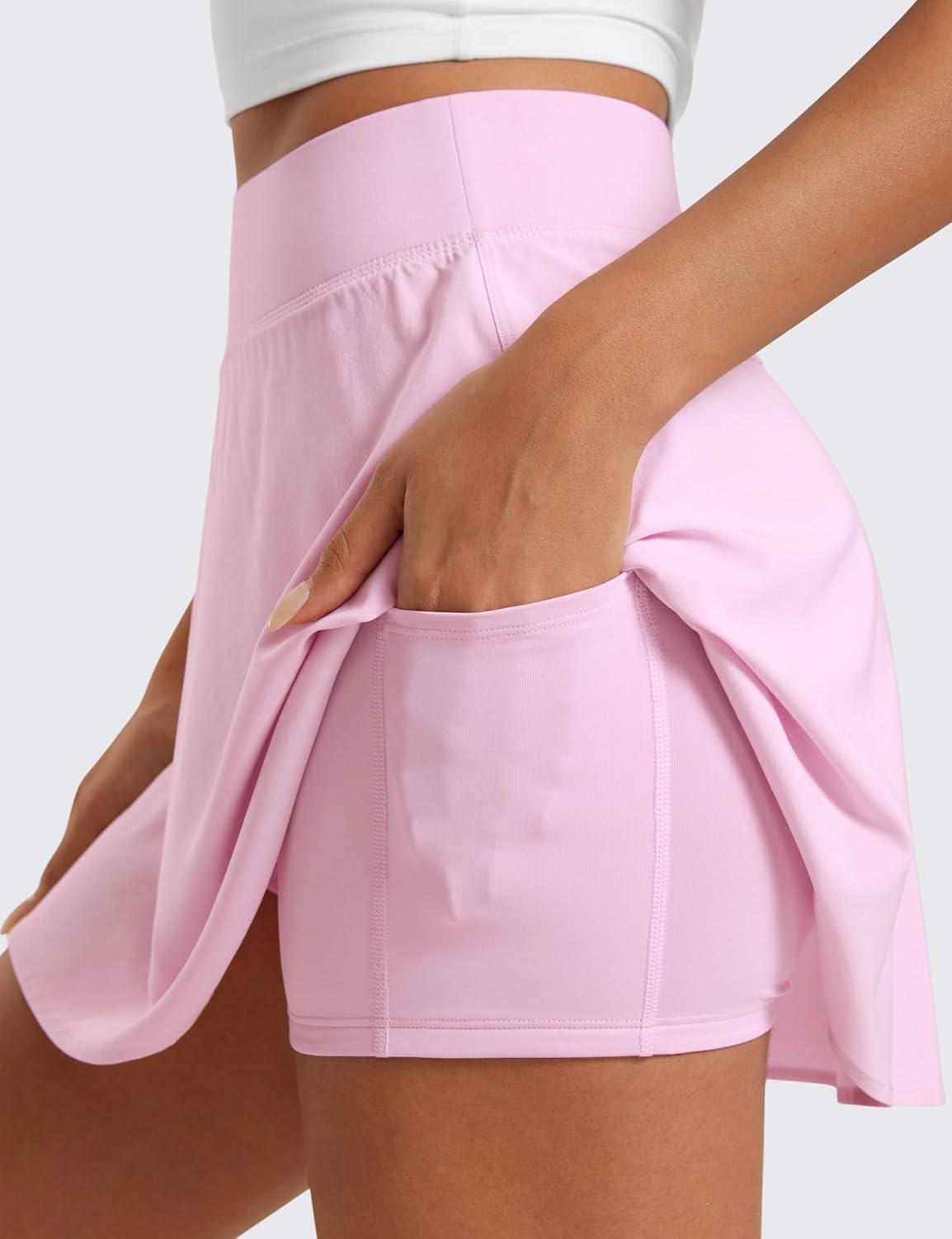 imageCRZ YOGA High Waisted Flowy Tennis Skirts for Women Mini Lined Pickleball Casual A Line Skorts with PocketsPink Peony