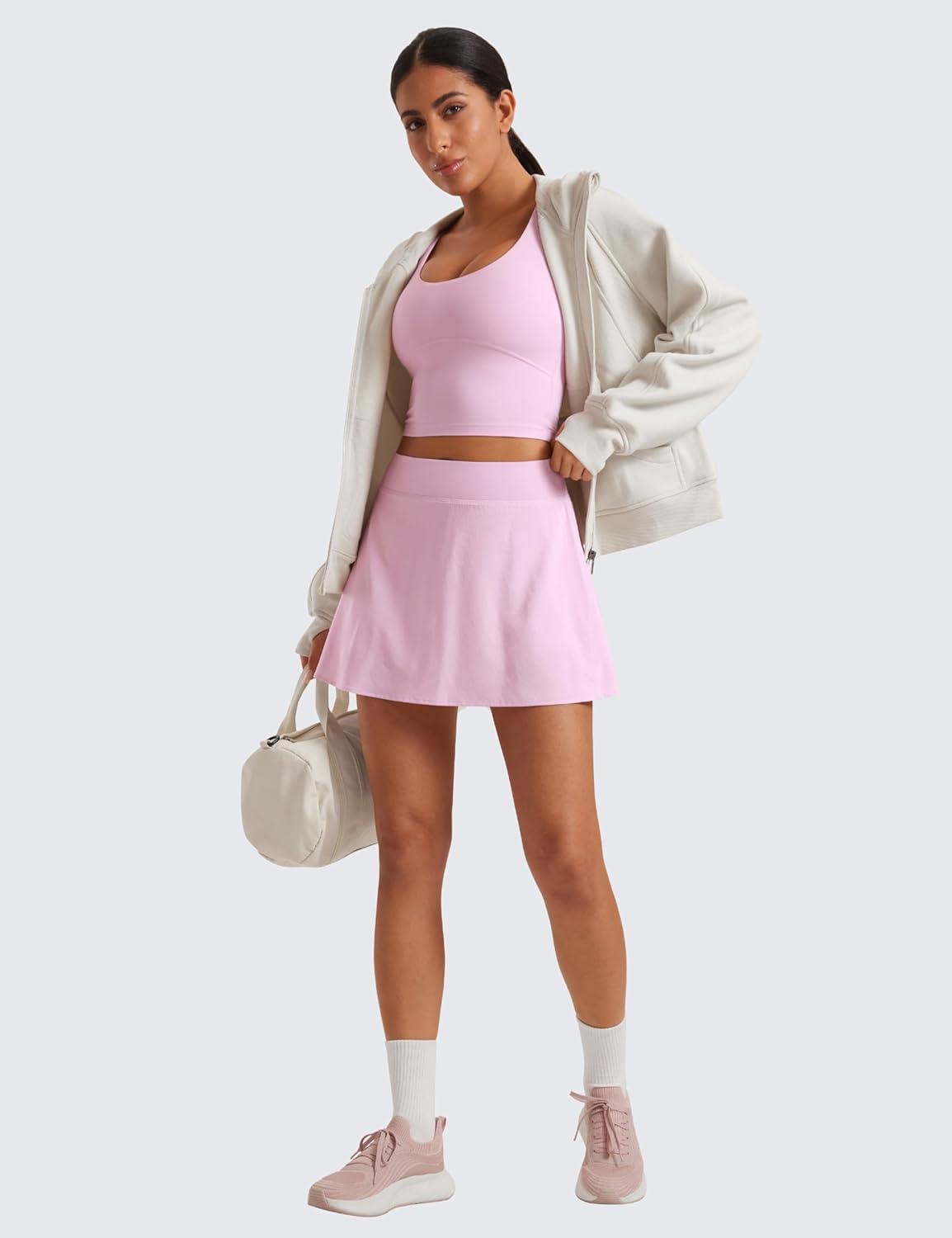 imageCRZ YOGA High Waisted Flowy Tennis Skirts for Women Mini Lined Pickleball Casual A Line Skorts with PocketsPink Peony