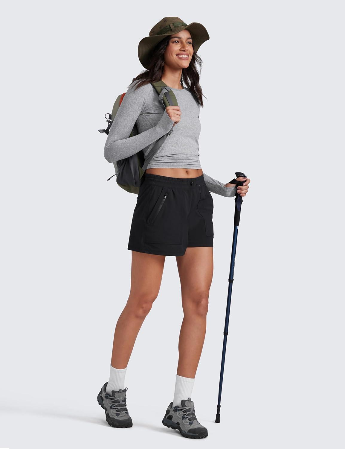 imageCRZ YOGA High Waisted Hiking Shorts for Women 3quot Water Resistant Cargo for Athletic Travel Outdoor with Zip PocketsBlack