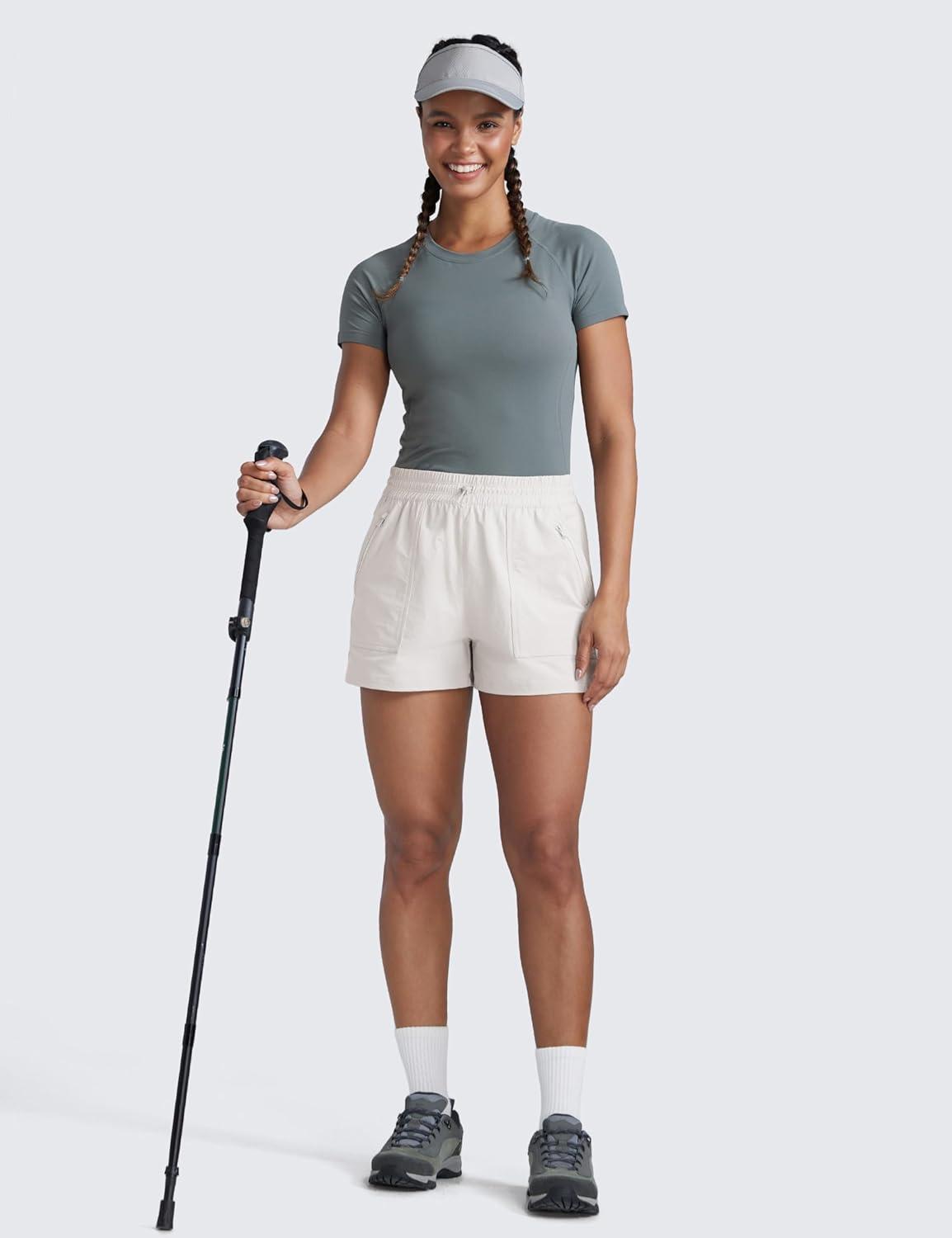 imageCRZ YOGA High Waisted Hiking Shorts for Women 3quot Water Resistant Cargo for Athletic Travel Outdoor with Zip PocketsMilky White Bone