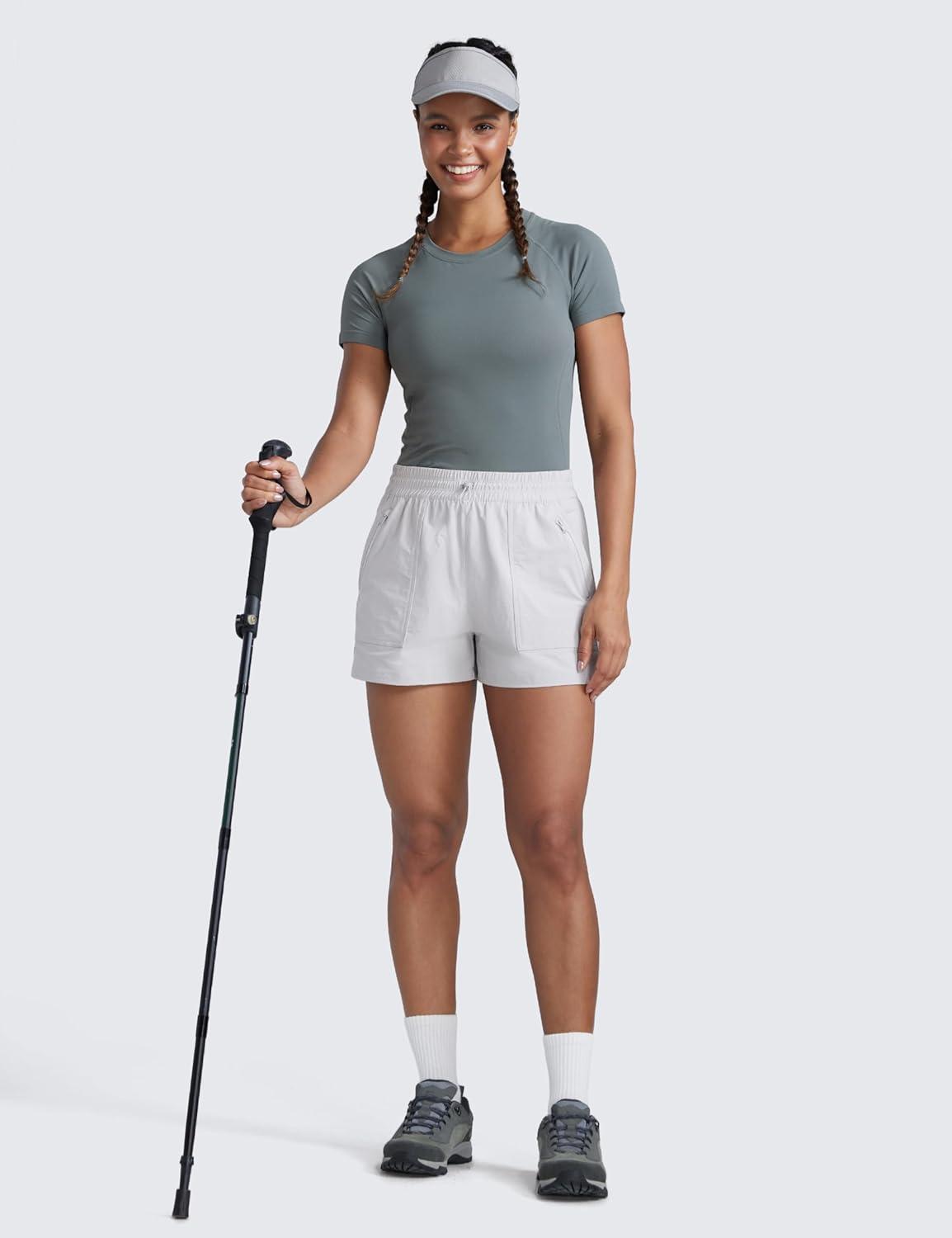 imageCRZ YOGA High Waisted Hiking Shorts for Women 3quot Water Resistant Cargo for Athletic Travel Outdoor with Zip PocketsPlatinum Grey