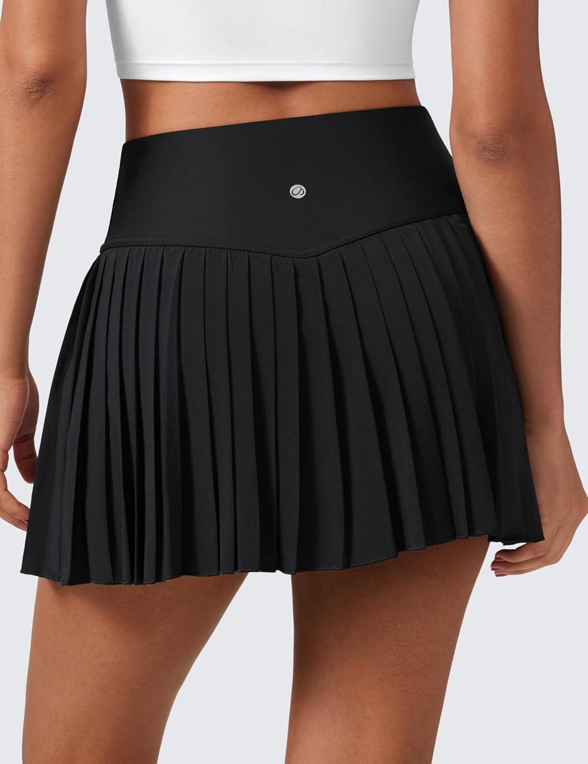 imageCRZ YOGA High Waisted Pleated Tennis Skirts for Women Mini Lined Casual Tummy Control Skort with PocketsBlack