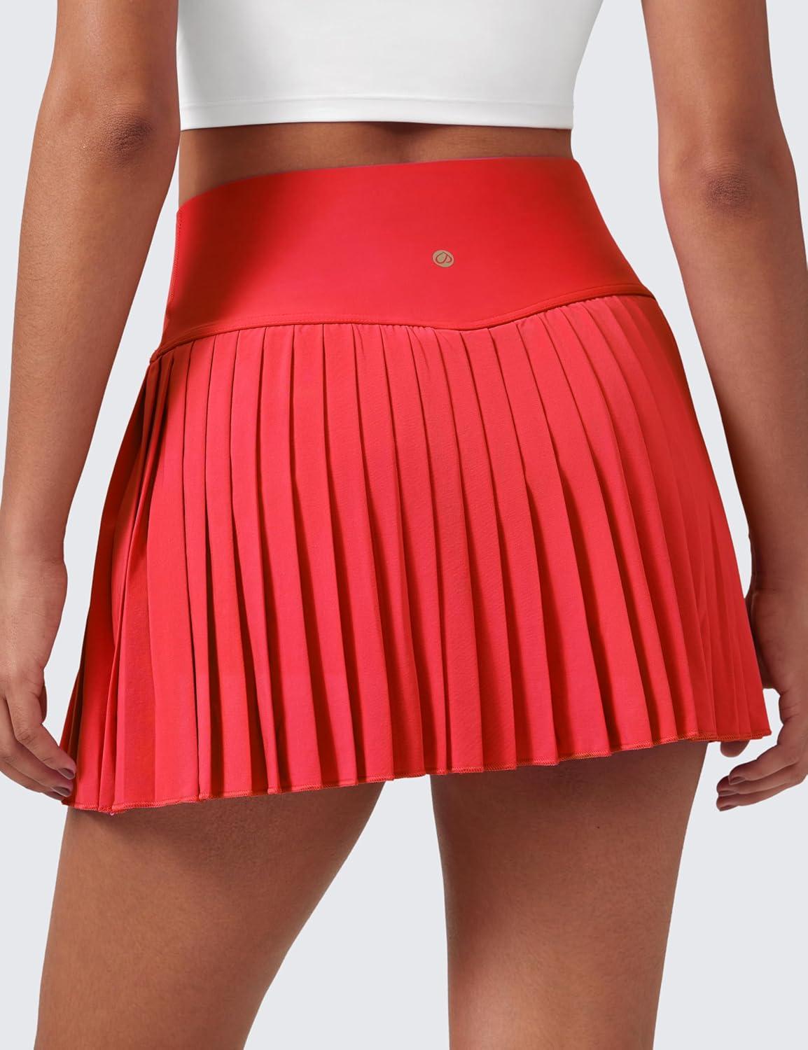 imageCRZ YOGA High Waisted Pleated Tennis Skirts for Women Mini Lined Casual Tummy Control Skort with PocketsDeep Red