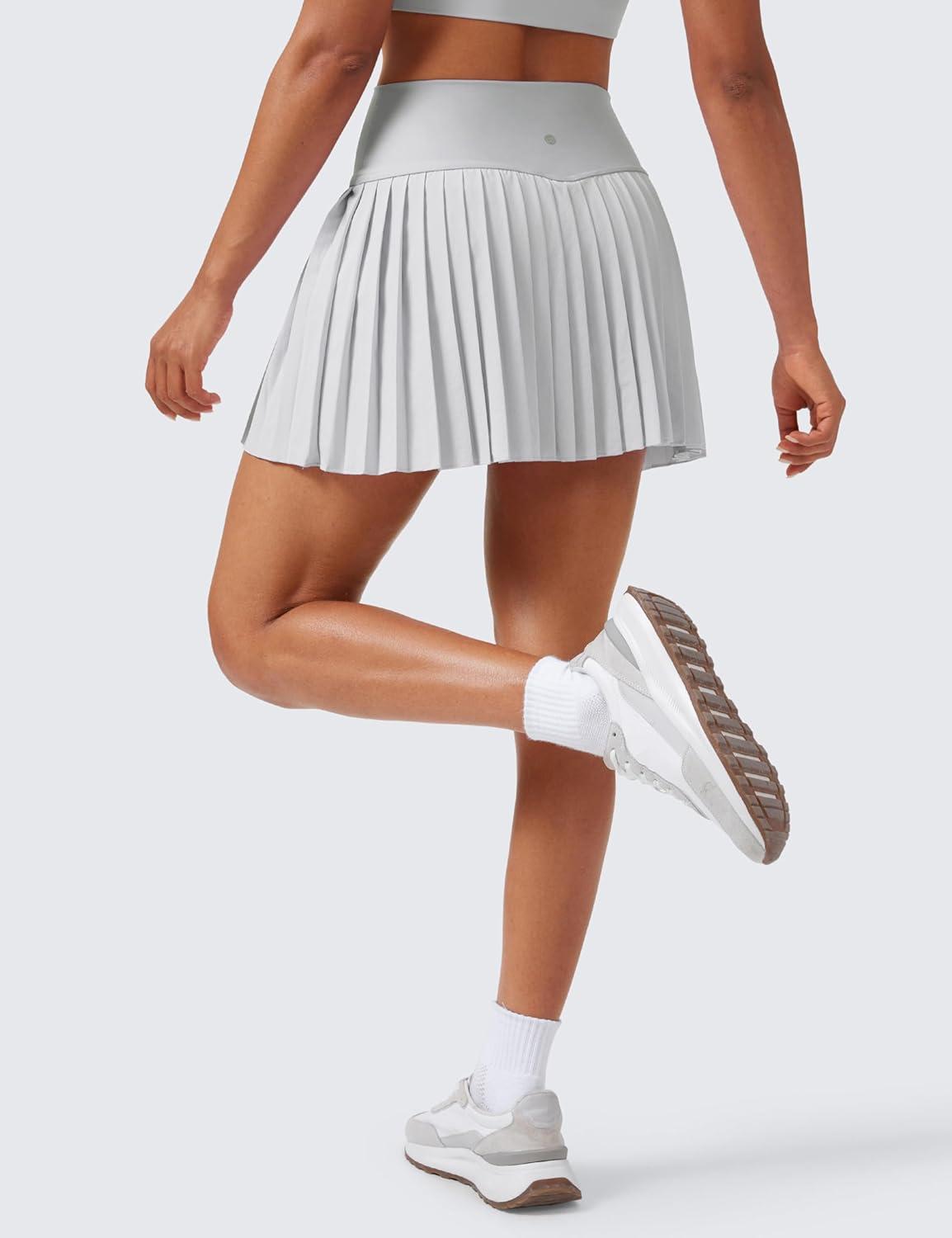 imageCRZ YOGA High Waisted Pleated Tennis Skirts for Women Mini Lined Casual Tummy Control Skort with PocketsPlatinum Grey
