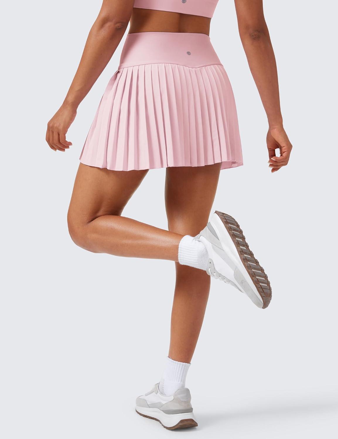 imageCRZ YOGA High Waisted Pleated Tennis Skirts for Women Mini Lined Casual Tummy Control Skort with PocketsStrawberry Pink