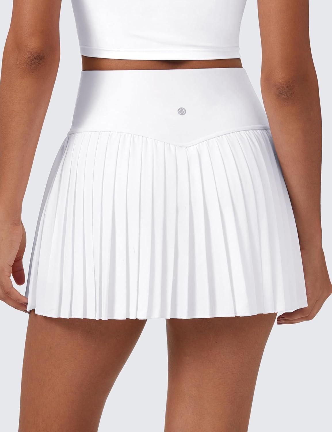 imageCRZ YOGA High Waisted Pleated Tennis Skirts for Women Mini Lined Casual Tummy Control Skort with PocketsWhite