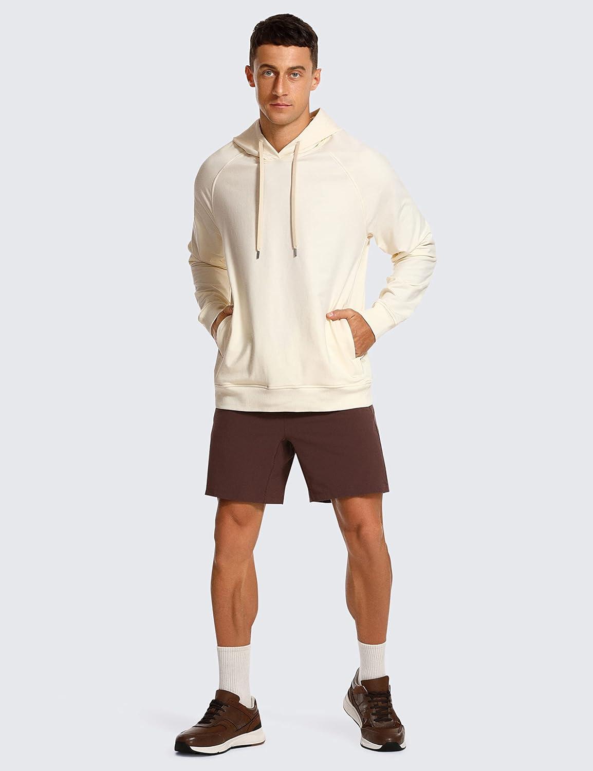 imageCRZ YOGA Hoodies for Men French Terry Hooded Sweatshirts Workout Athletic Casual Pullover Tops with PocketWhite Apricot