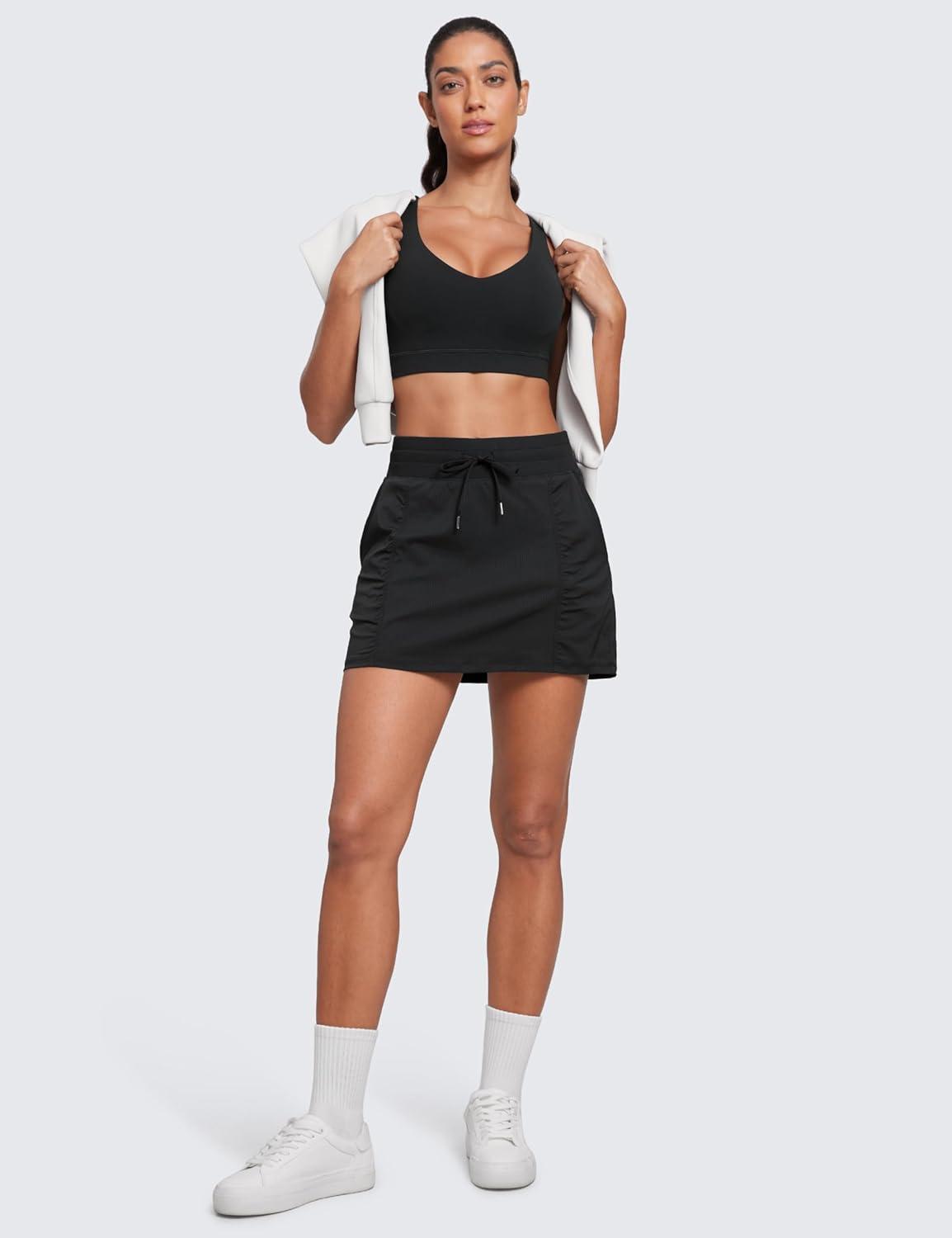 imageCRZ YOGA Lightweight Ruched Casual Skirts for Women High Waisted Mini A Line Golf Drawstring Skort with PocketsBlack