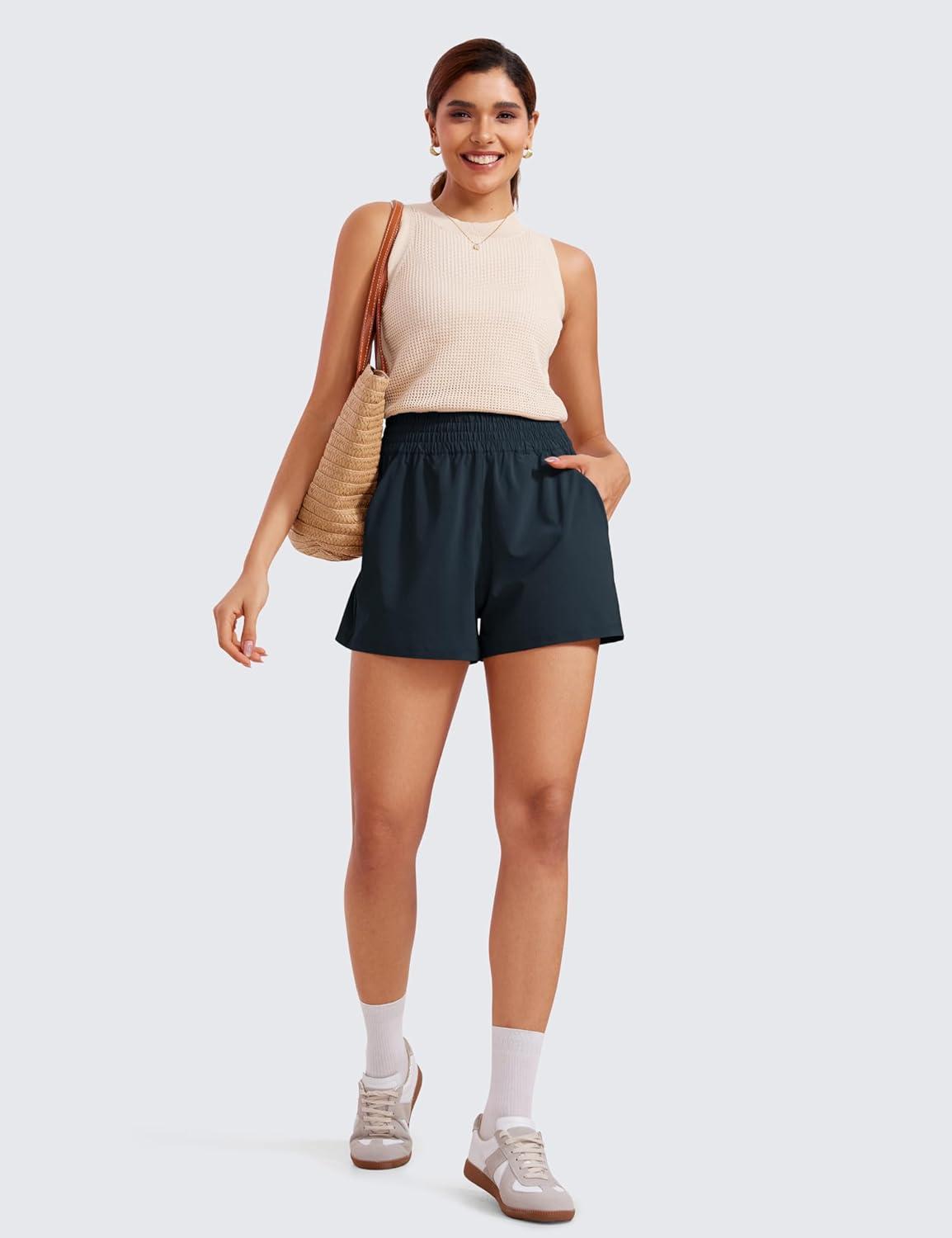 imageCRZ YOGA Linerless Relaxed Casual Shorts for Women 3quot High Waisted for Lounge Athletic Golf with PocketsTrue Navy