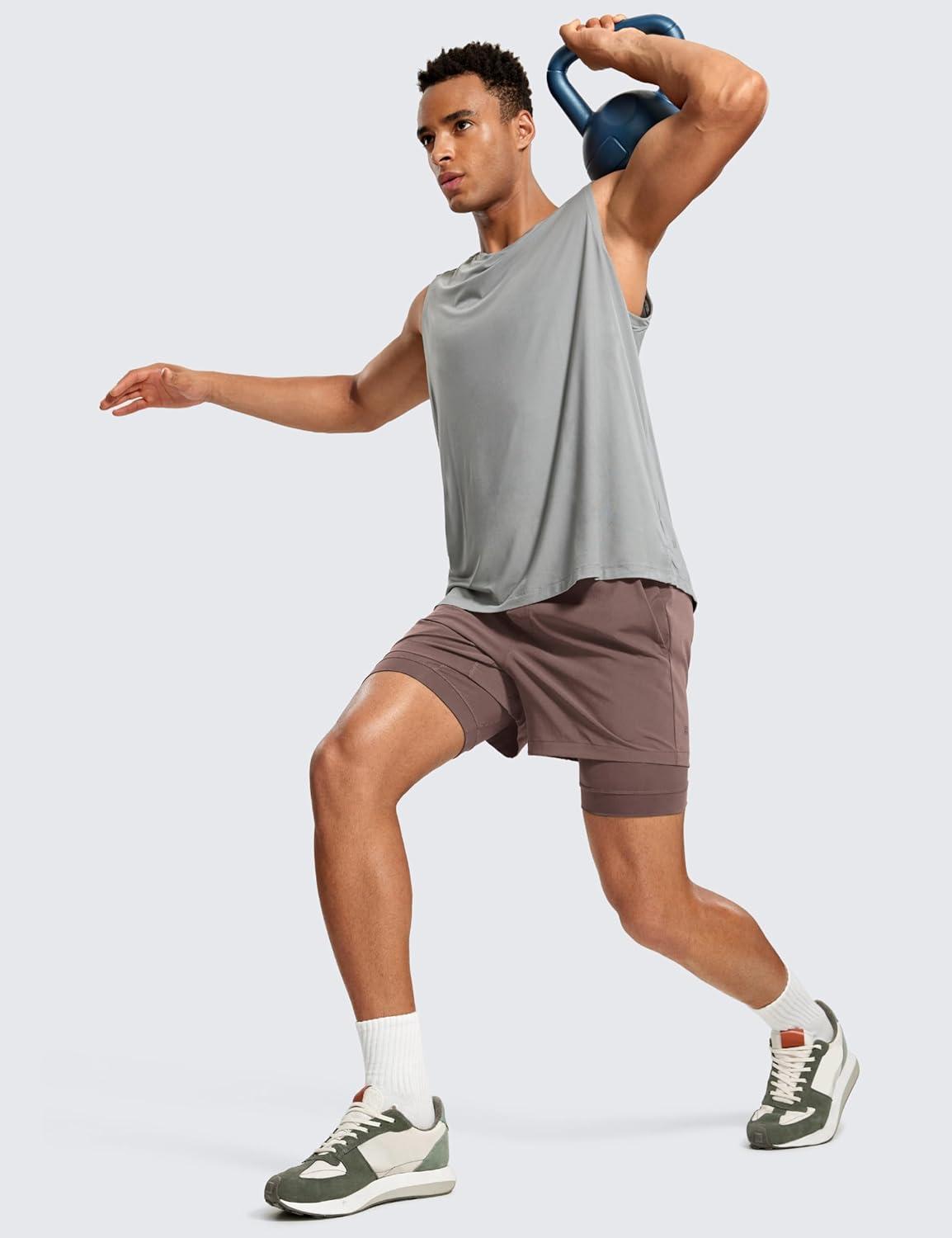 imageCRZ YOGA Mens 2 in 1 Long Liner Shorts 5quot Lined Running Quick Dry for Workout Gym Basketball Athletic with PocketsBrown Rock