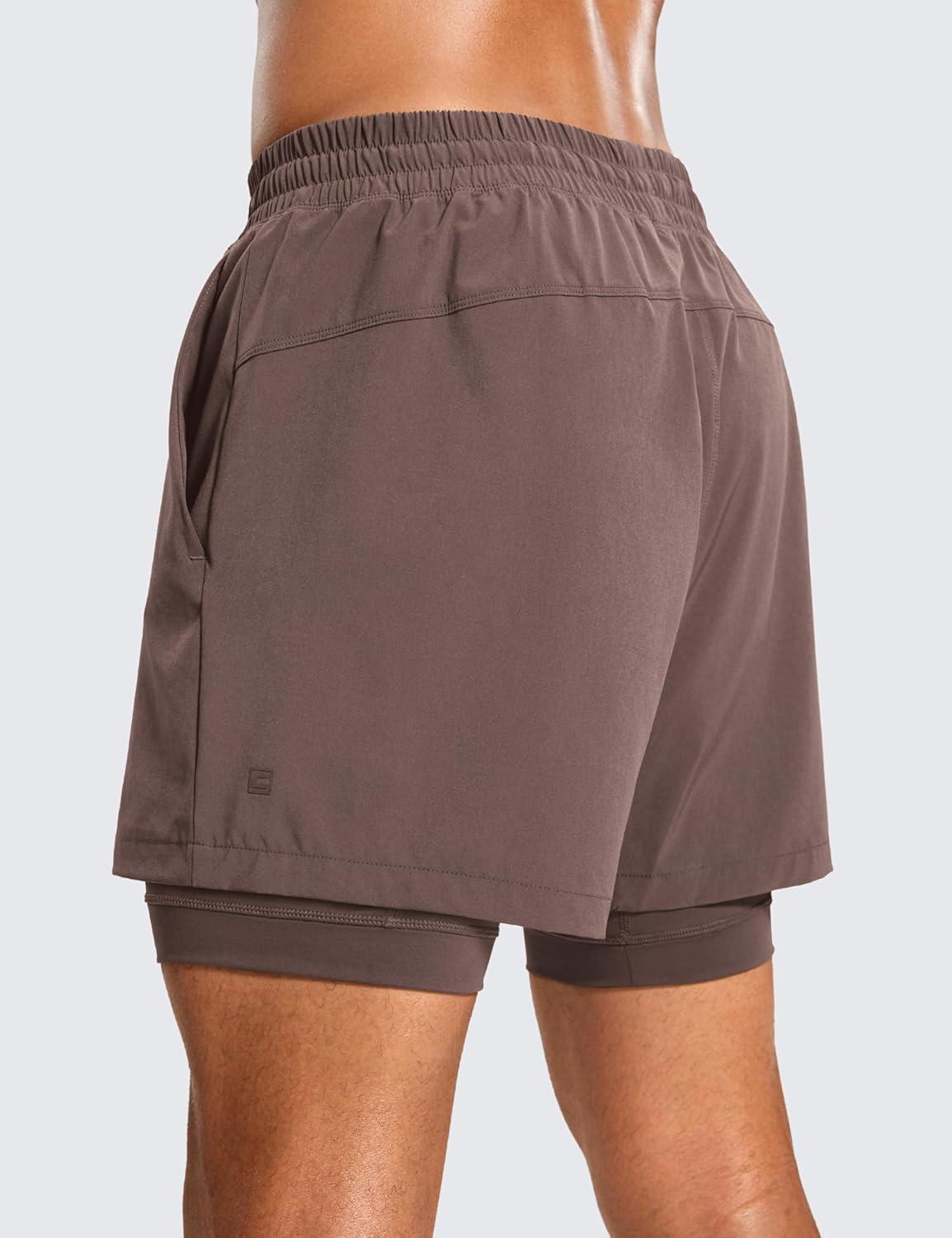 imageCRZ YOGA Mens 2 in 1 Long Liner Shorts 5quot Lined Running Quick Dry for Workout Gym Basketball Athletic with PocketsBrown Rock