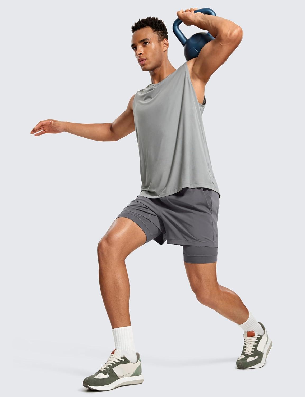 imageCRZ YOGA Mens 2 in 1 Long Liner Shorts 5quot Lined Running Quick Dry for Workout Gym Basketball Athletic with PocketsDark Carbon