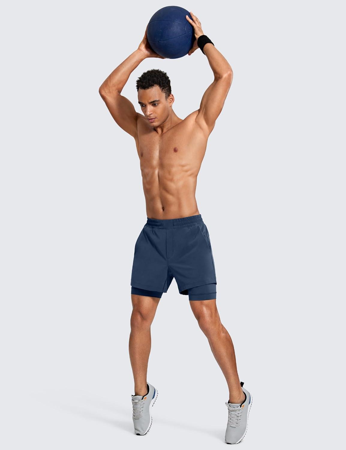 imageCRZ YOGA Mens 2 in 1 Long Liner Shorts 5quot Lined Running Quick Dry for Workout Gym Basketball Athletic with PocketsElectric Blue