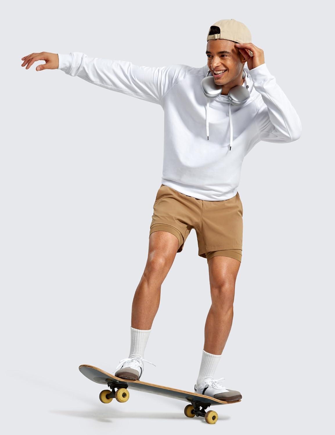 imageCRZ YOGA Mens 2 in 1 Long Liner Shorts 5quot Lined Running Quick Dry for Workout Gym Basketball Athletic with PocketsKhaki Sand